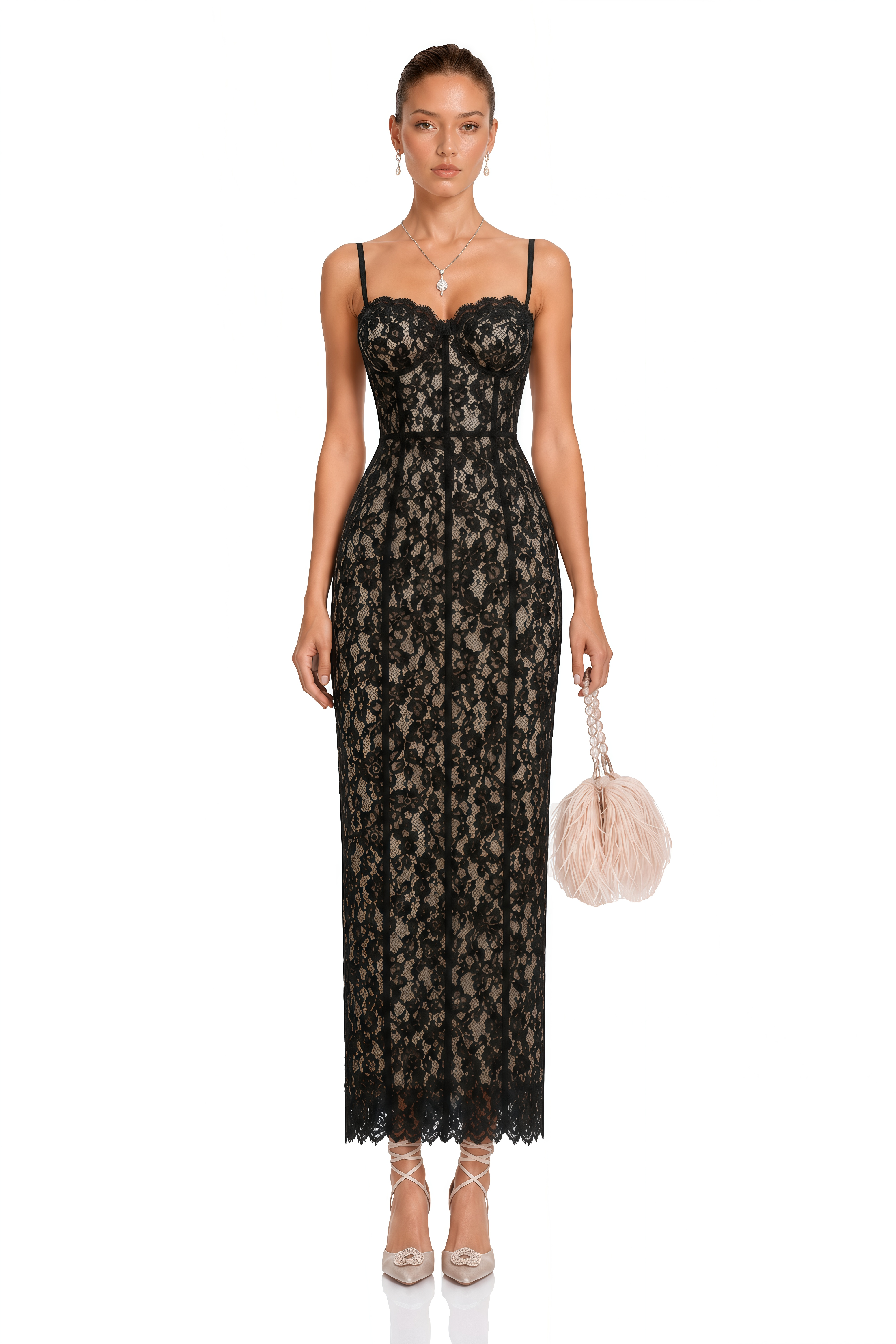 Giorgia Black Floral Lace Corset Maxi Dress