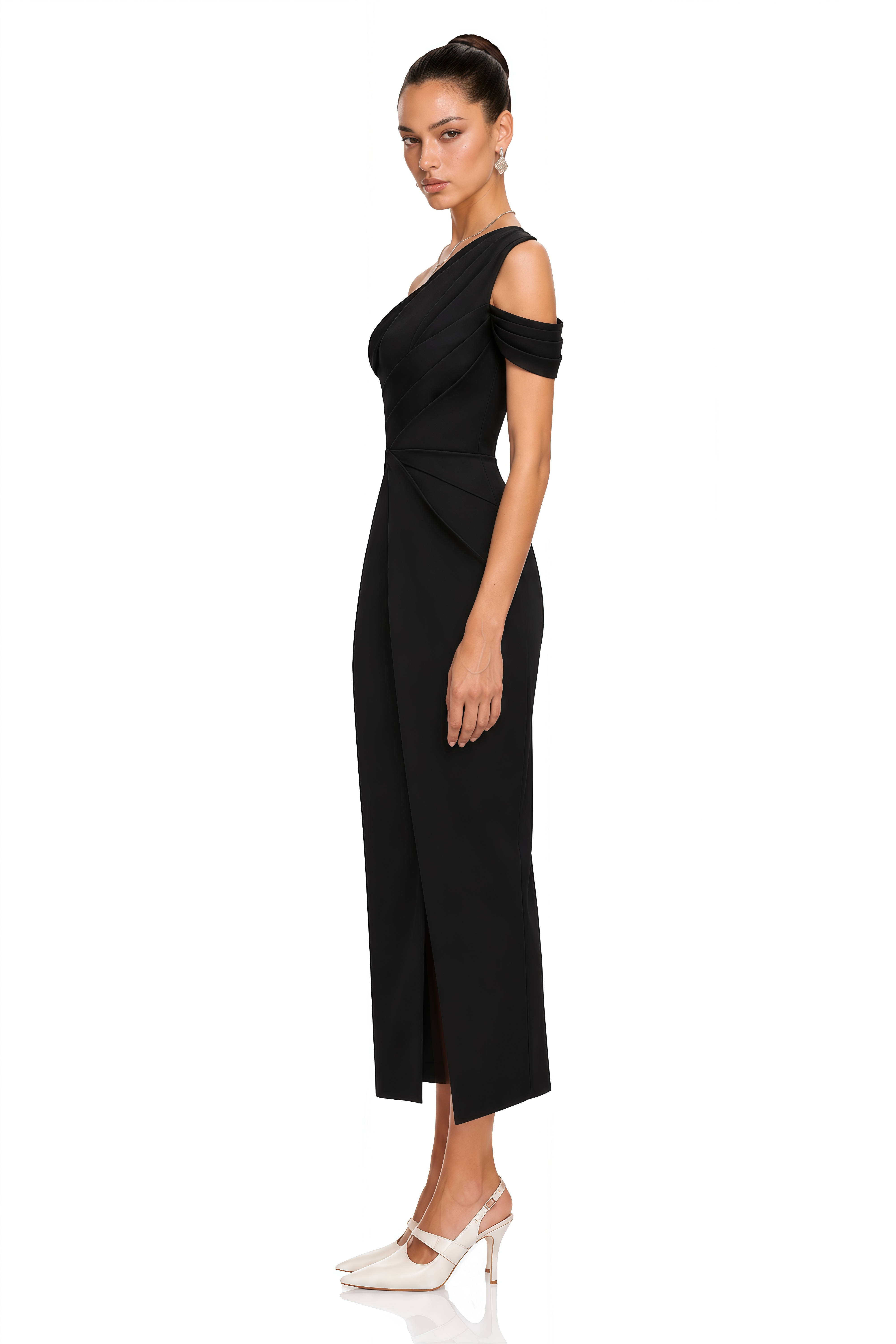 Amarante Black One Shoulder Asymmetrical Midi Dress