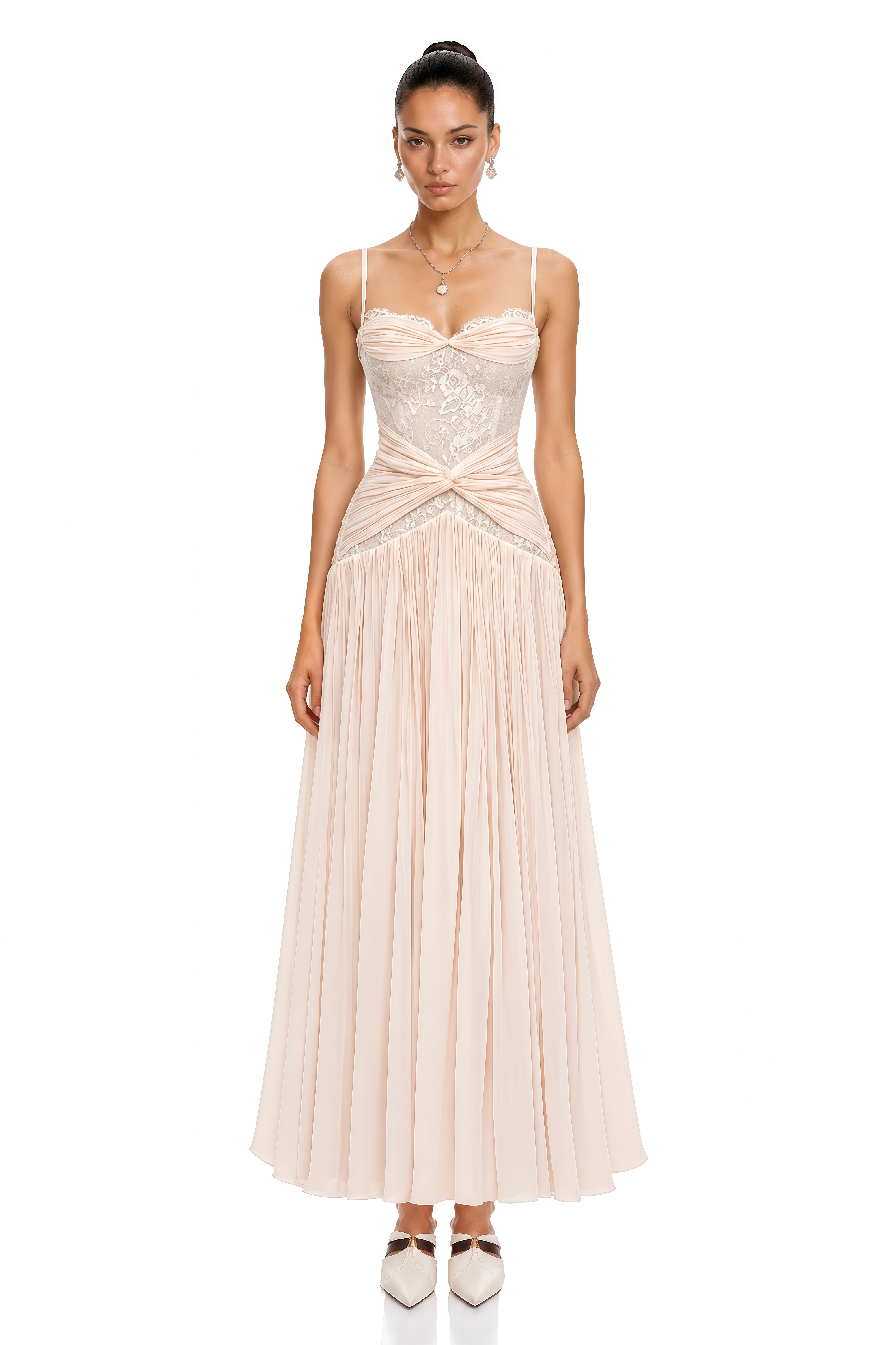 Brigitte Cream White Ruched Maxi Dress with Lace Panels