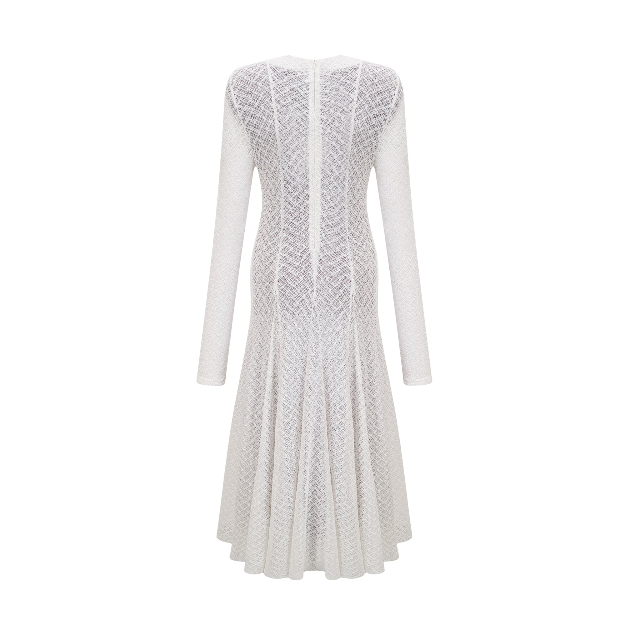 White long-sleeve textured knit gown with a high neck