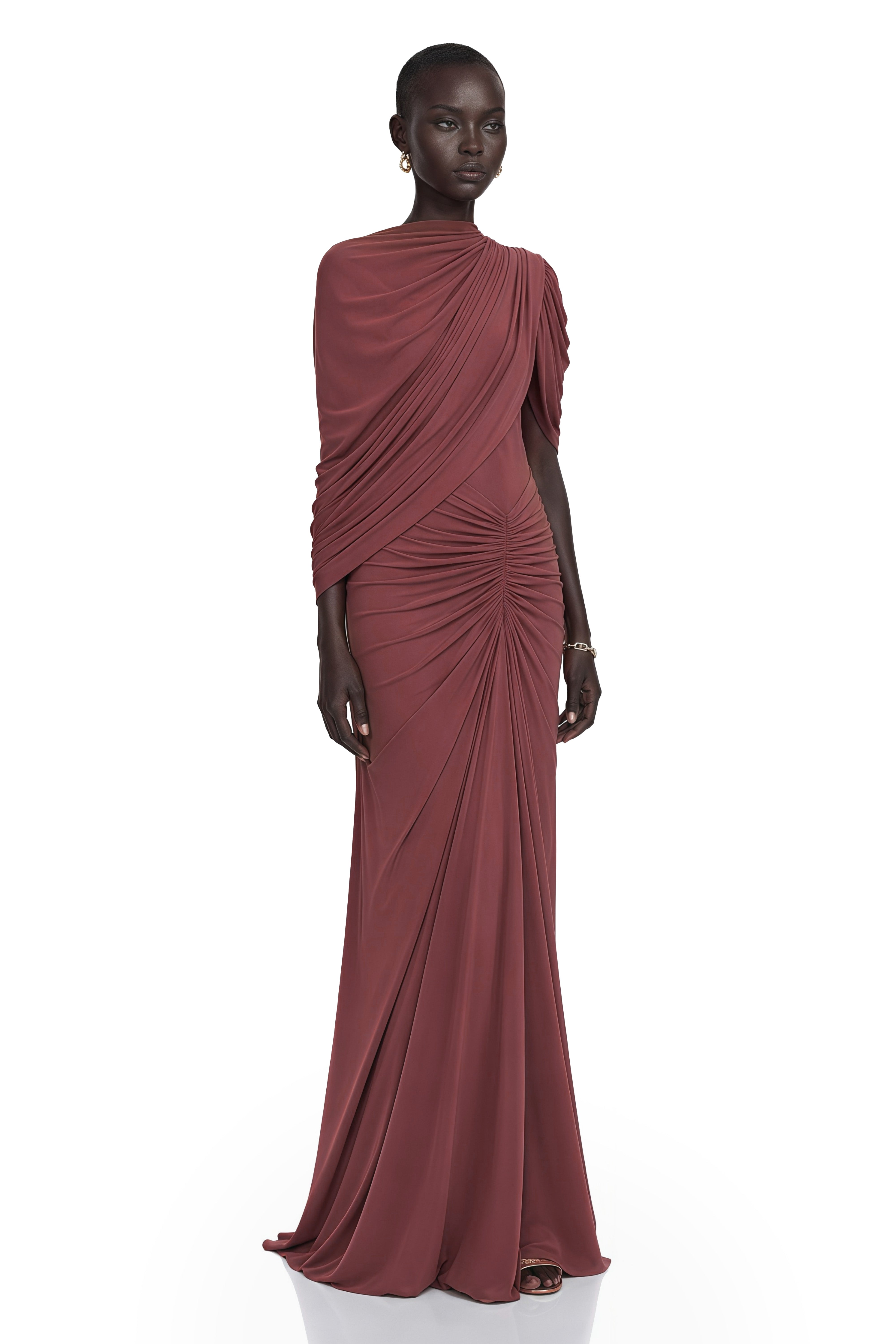 Dusty rose draped one-shoulder gown with center ruching
