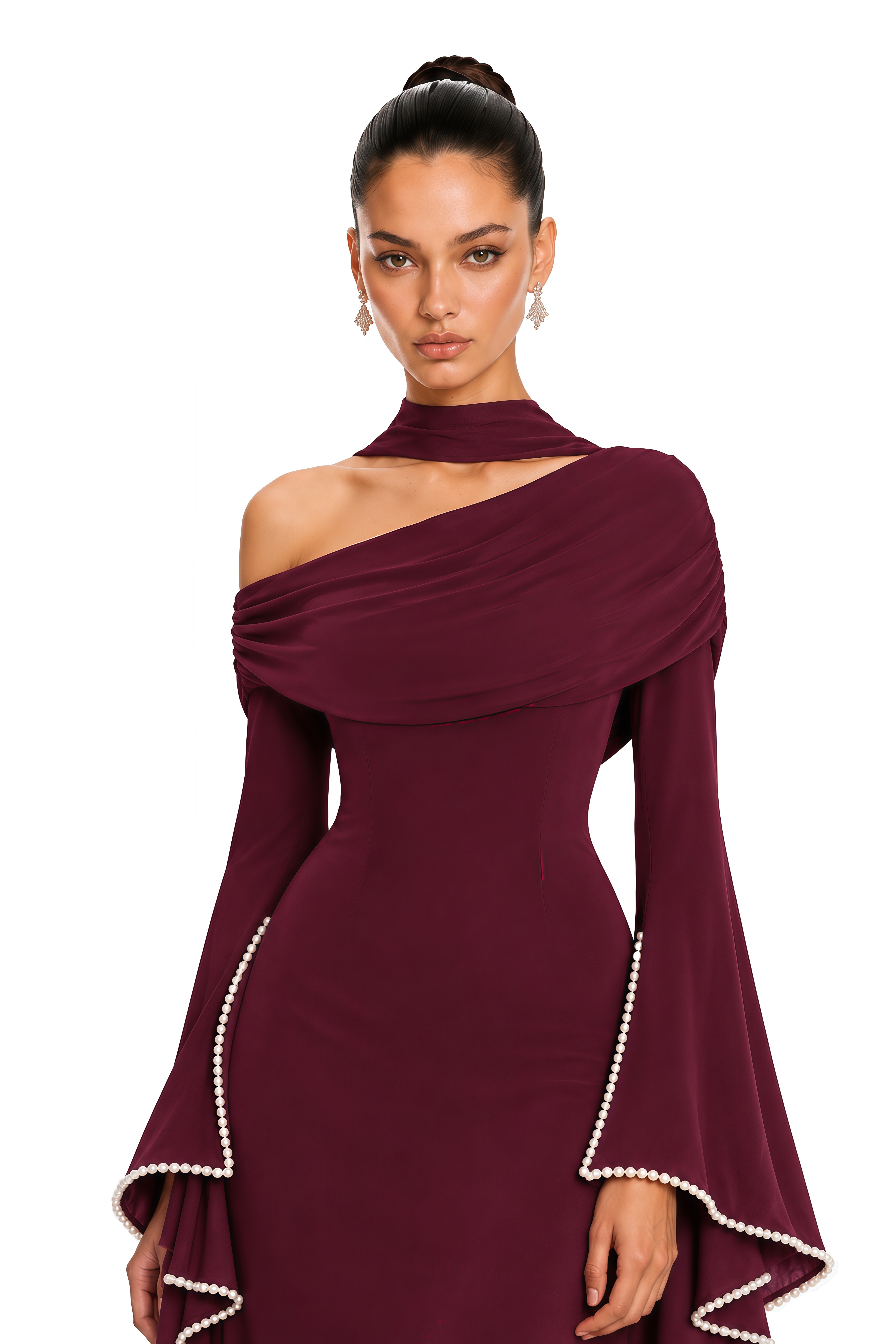 Simona Burgundy One Shoulder Pearl Trim Maxi Gown
