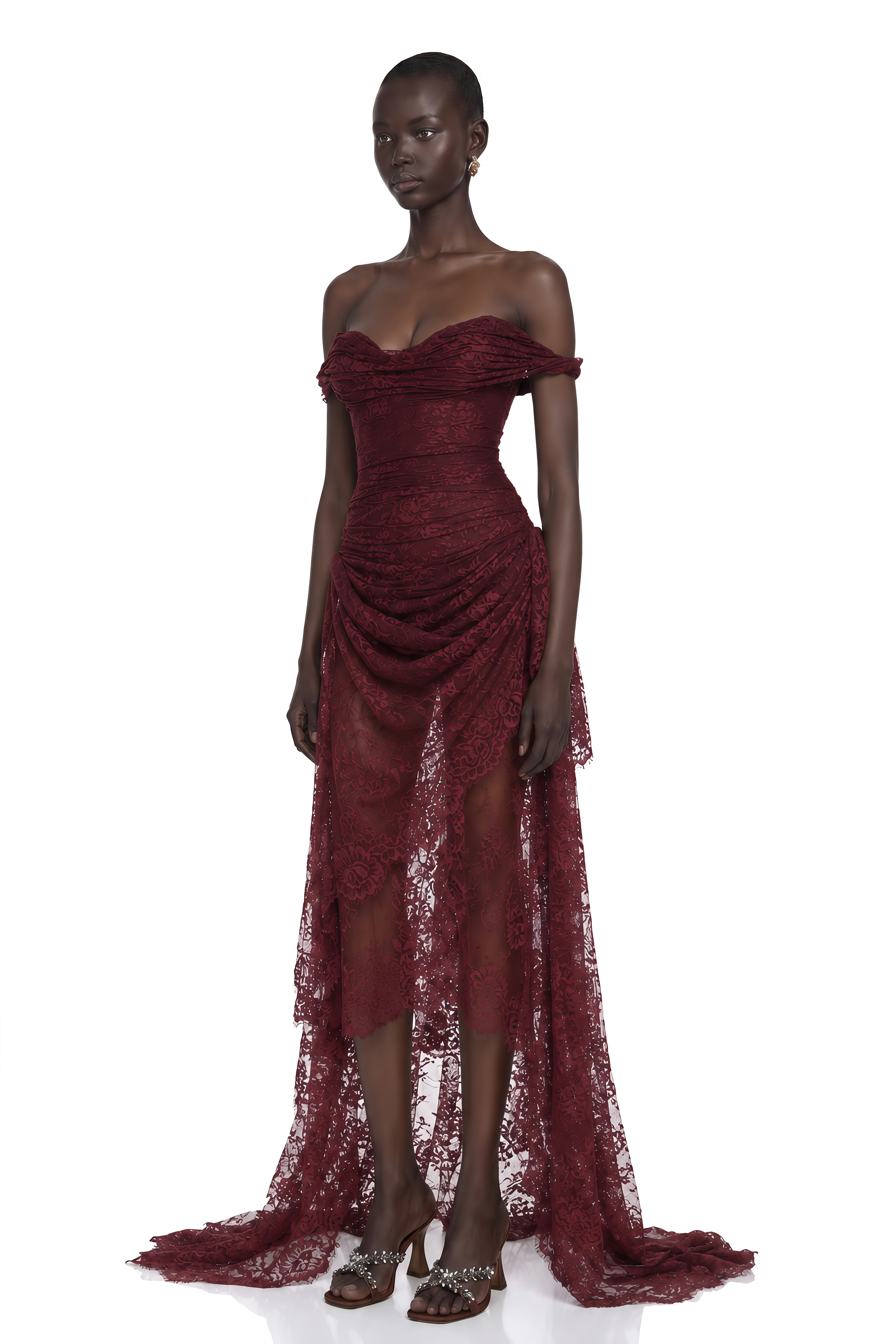 Eline Burgundy Ruched Floral Lace Gown