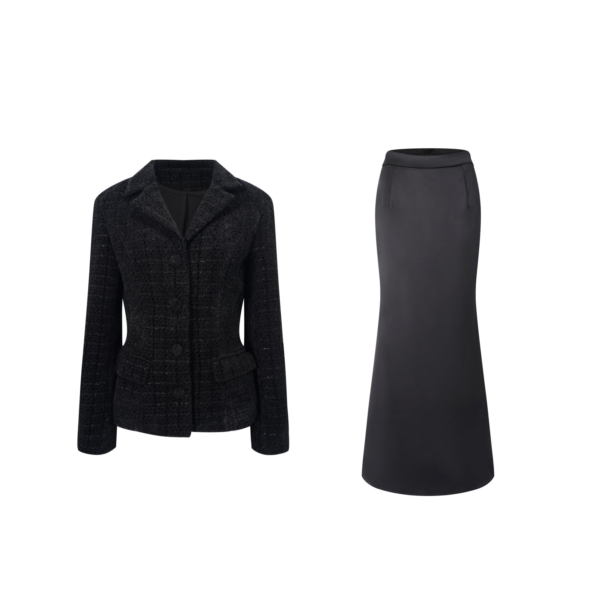Black blazer paired with a black satin maxi skirt
