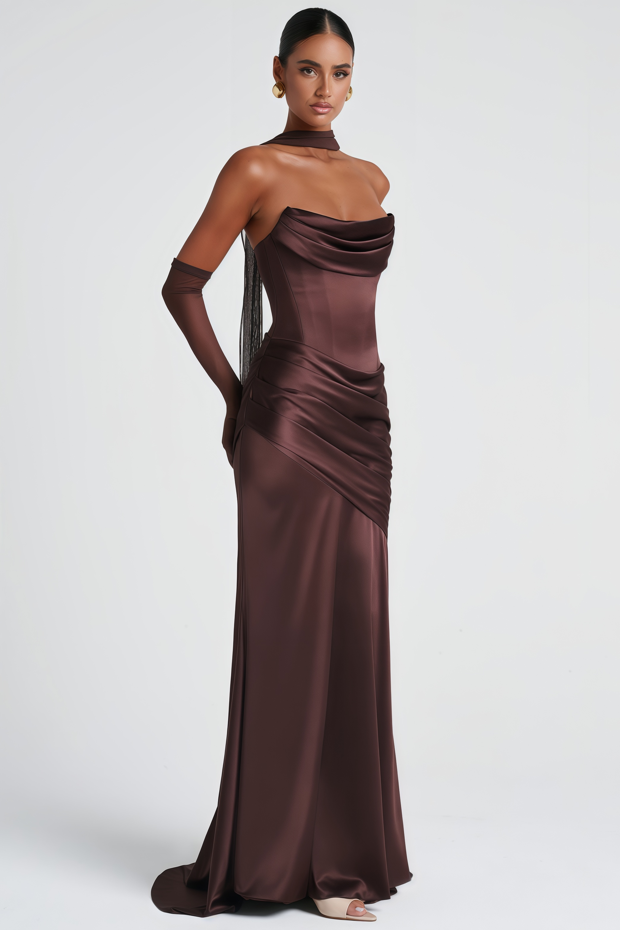 Strapless Ruched Satin Maxi Dress