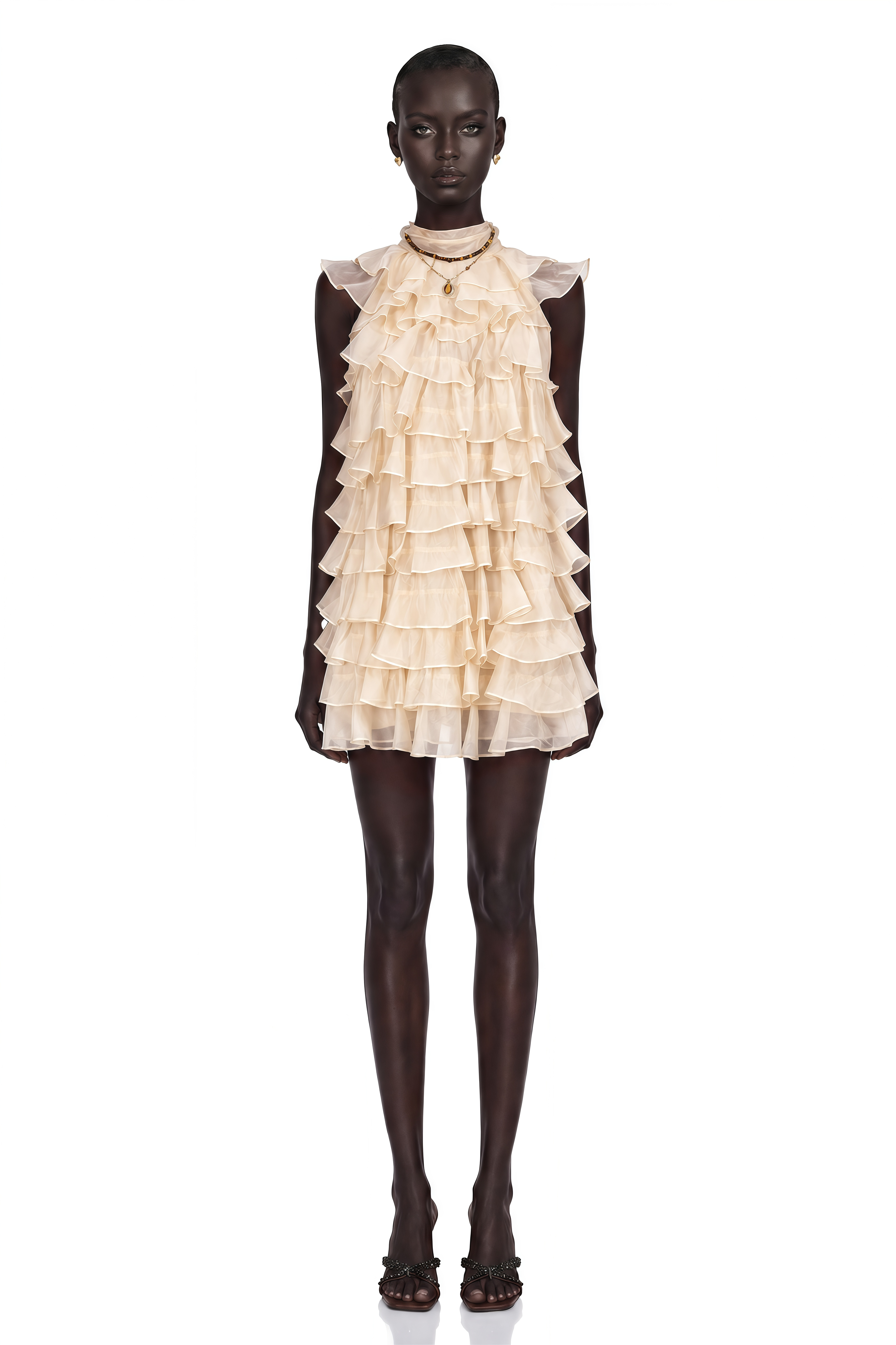 Cream high-neck tiered ruffle mini dress