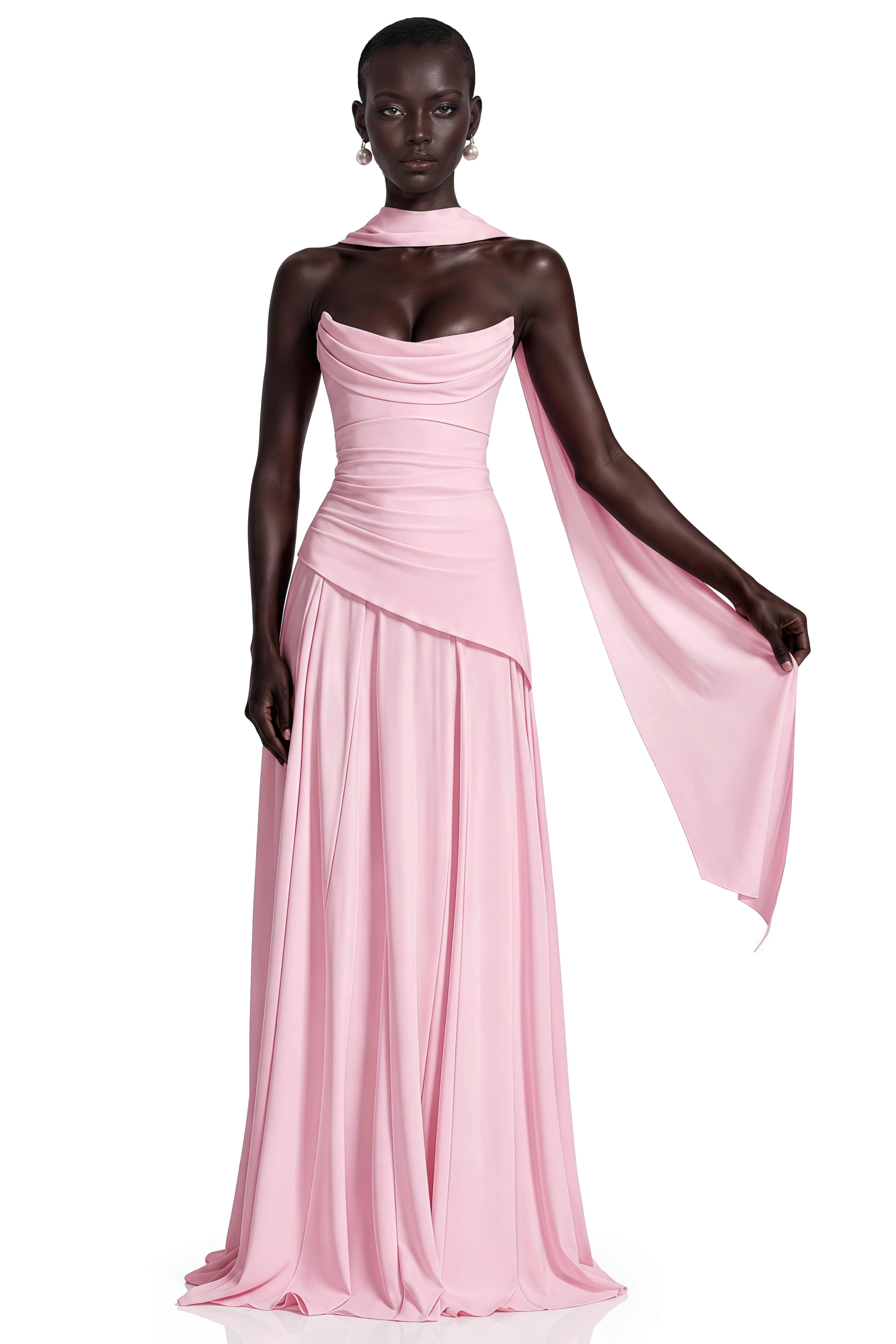Pink strapless gown with a matching neck scarf