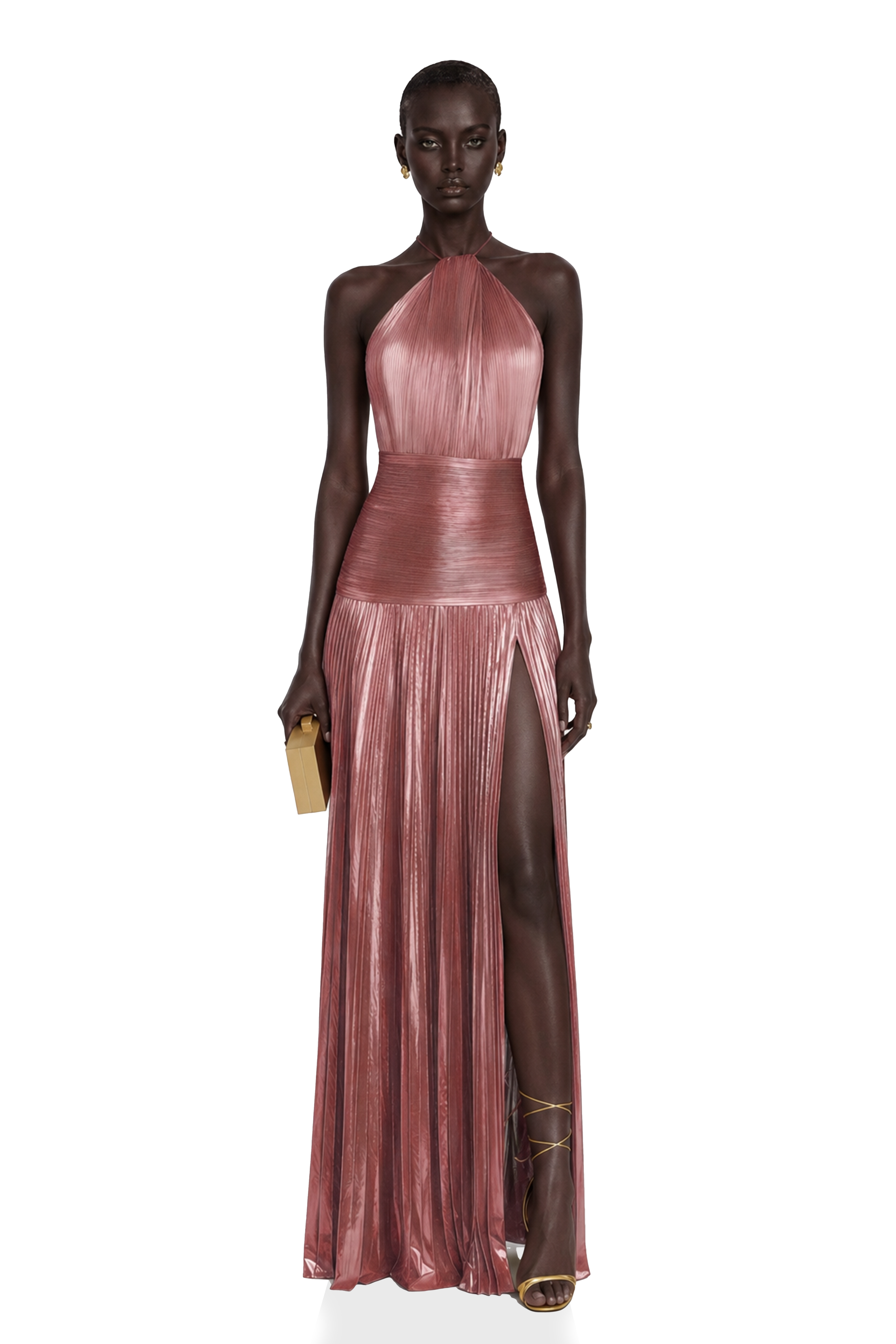 Metallic pink halter gown with a pleated skirt and high slit