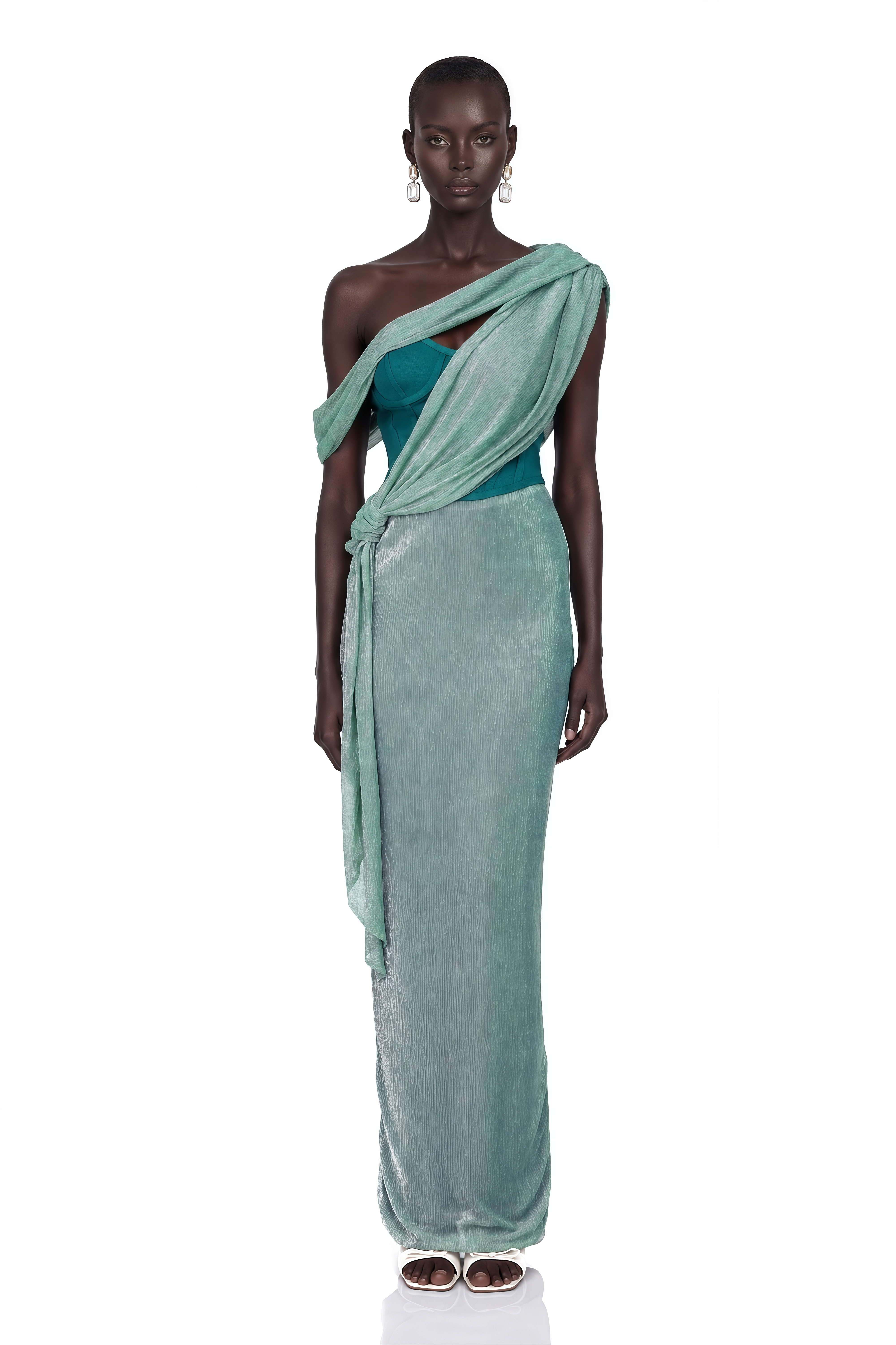 Mint green metallic draped maxi gown with a teal corset bodice