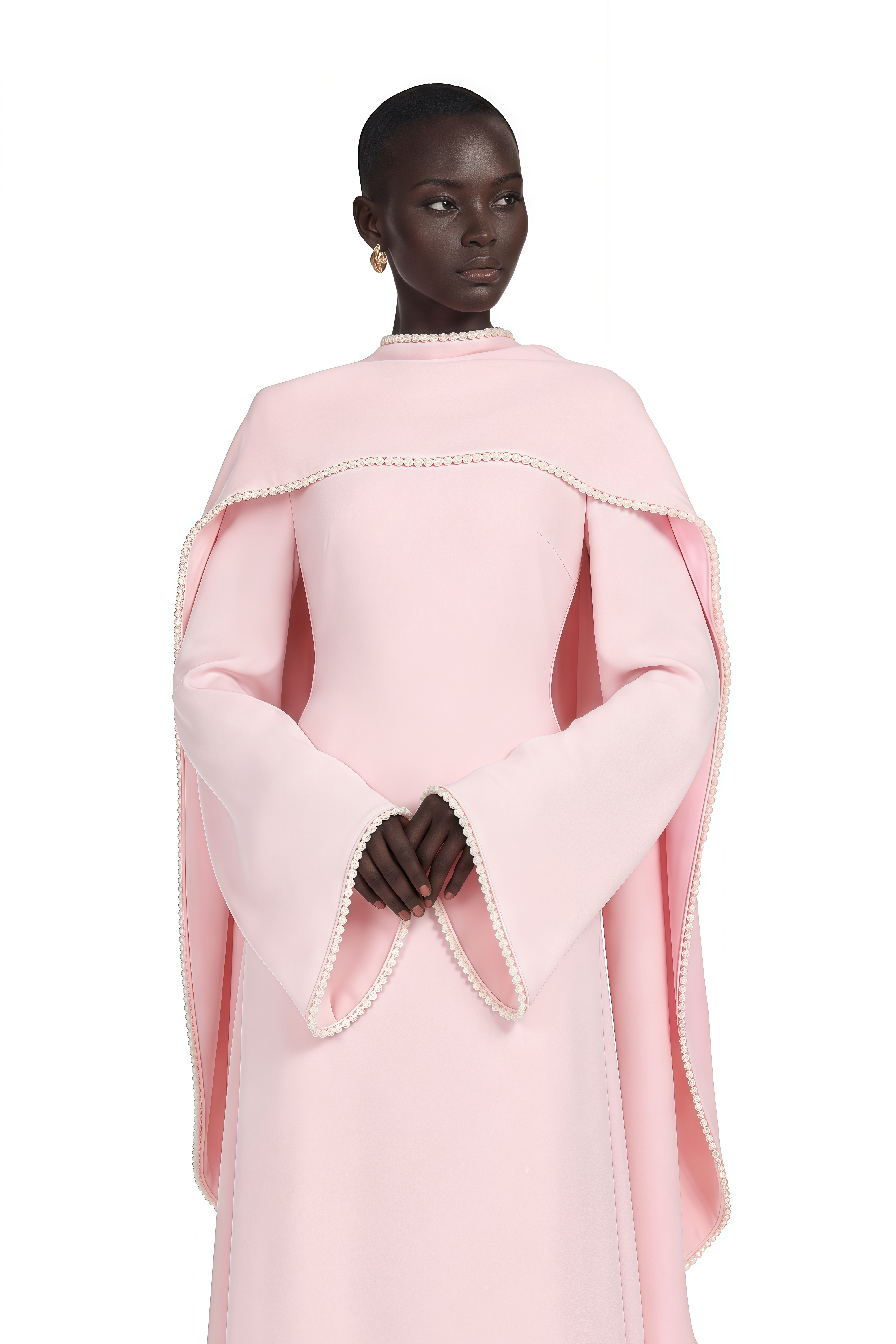 Pale pink long-sleeve maxi dress with a matching beaded cape overlay