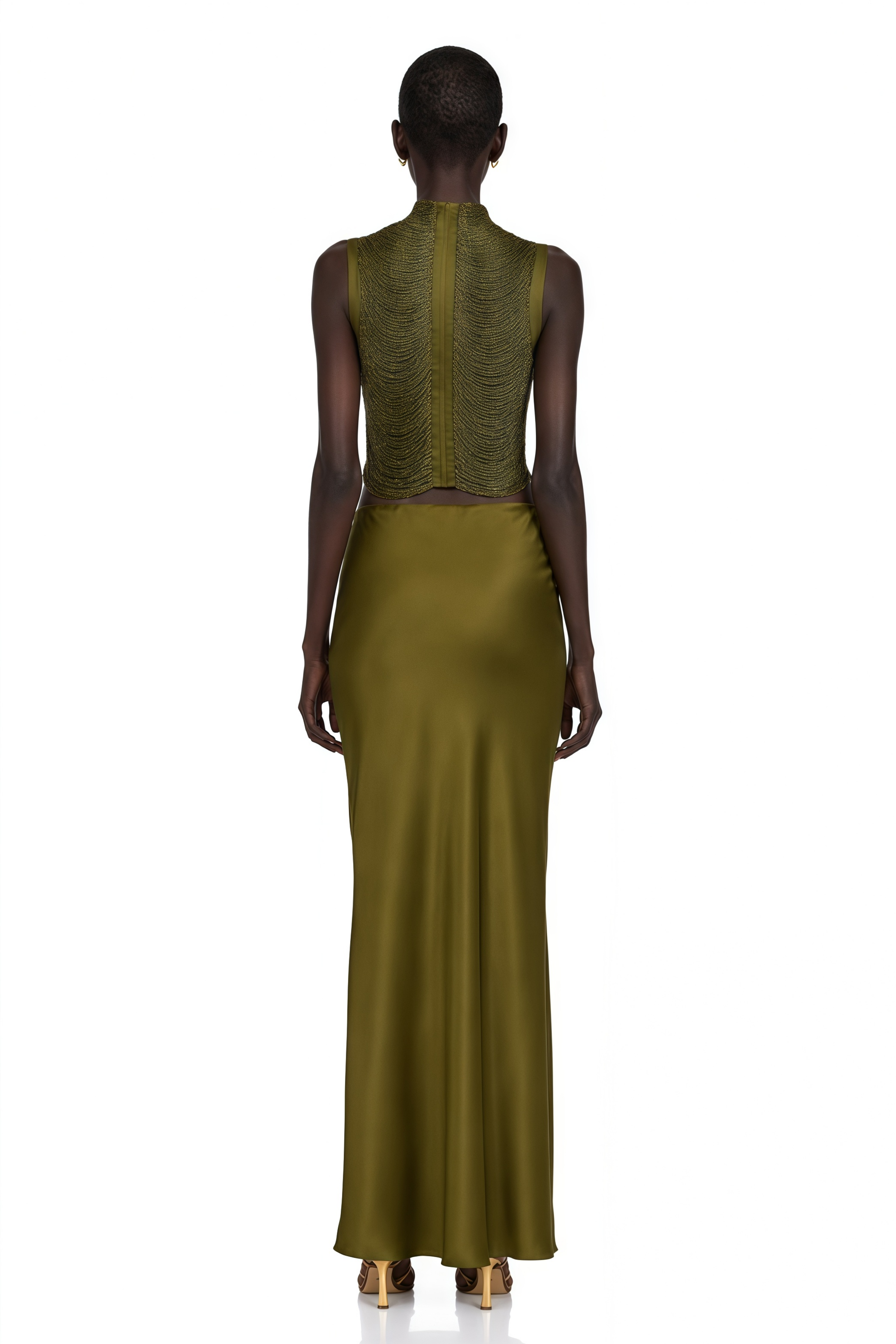 Olive green sleeveless maxi dress with a satin skirt