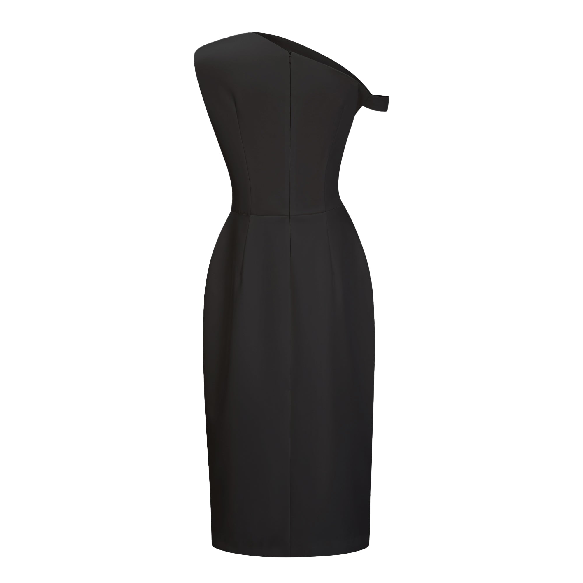 Black midi dress with a pleated asymmetrical neckline and a draped wrap skirt