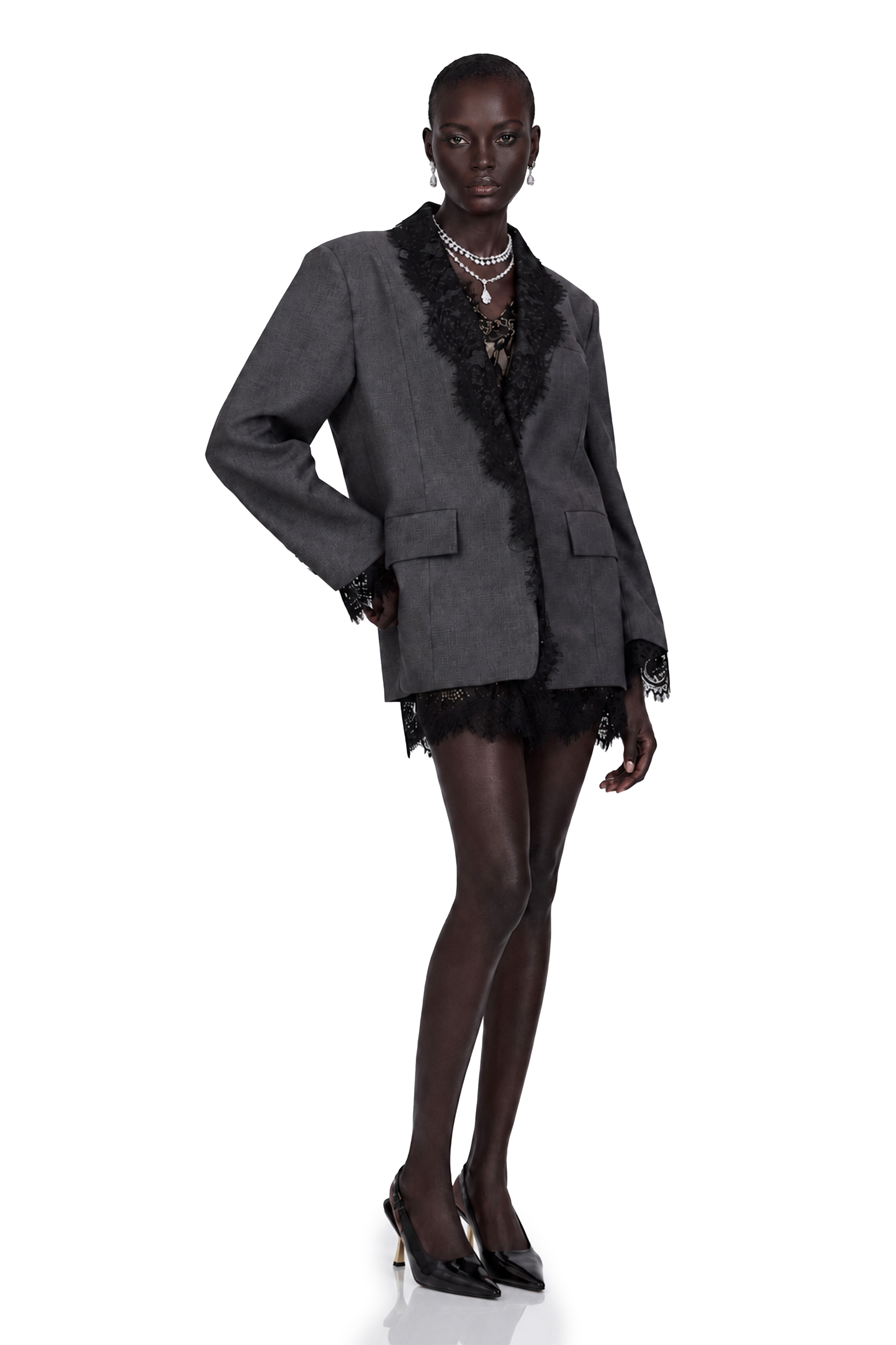 Grey blazer with black lace trim
