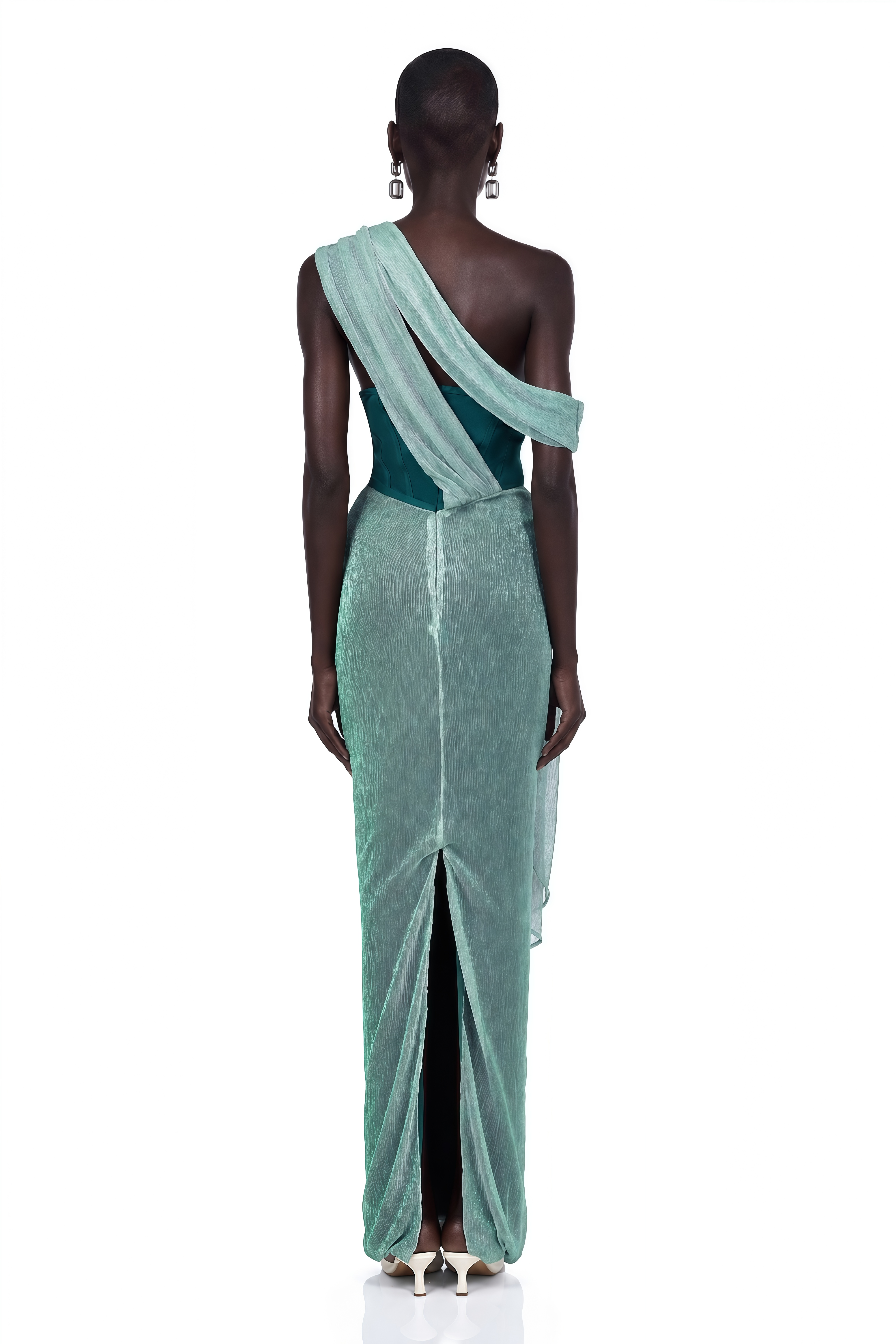 Mint green metallic draped maxi gown with a teal corset bodice