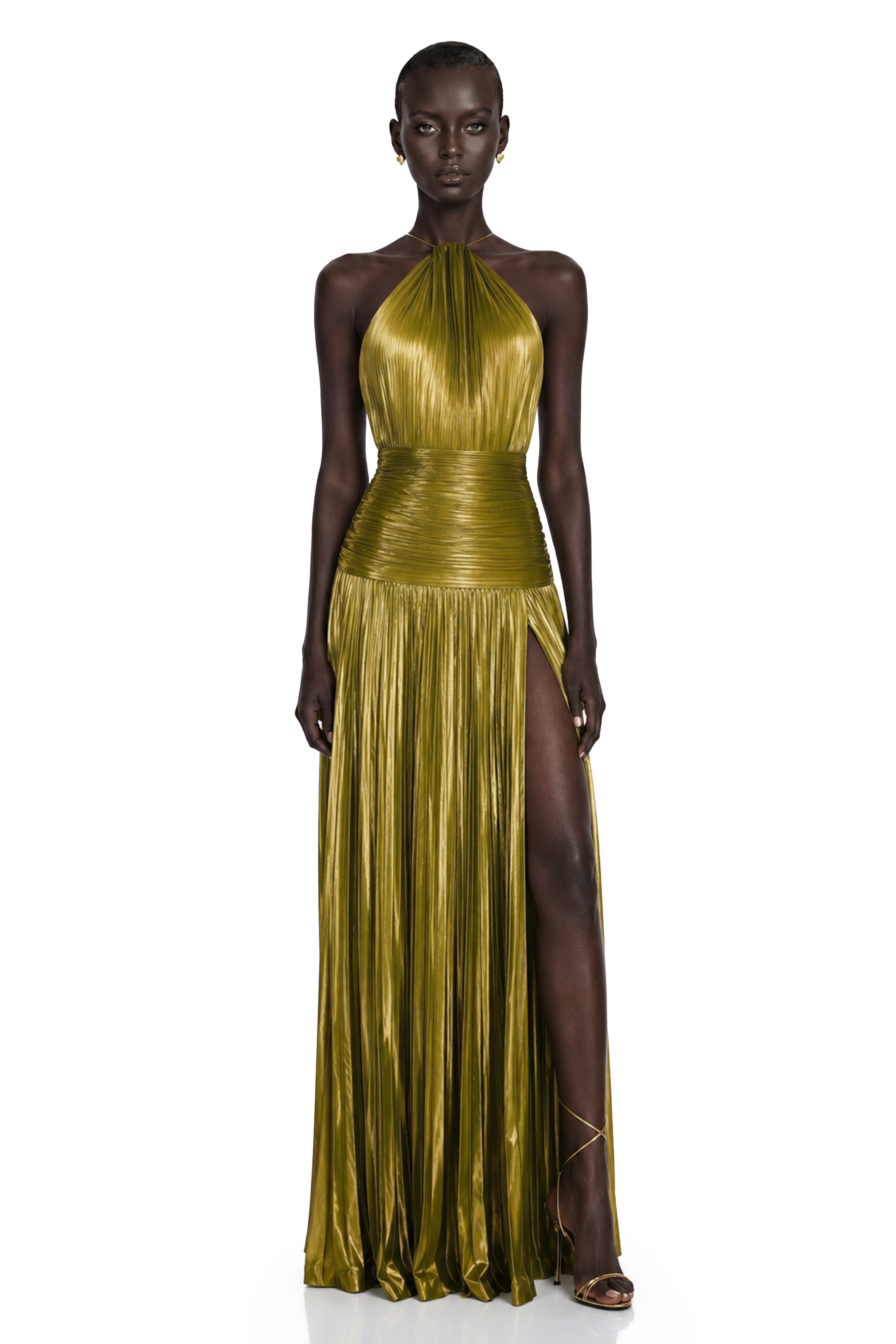 Olive green metallic halter gown with a pleated skirt and high slit