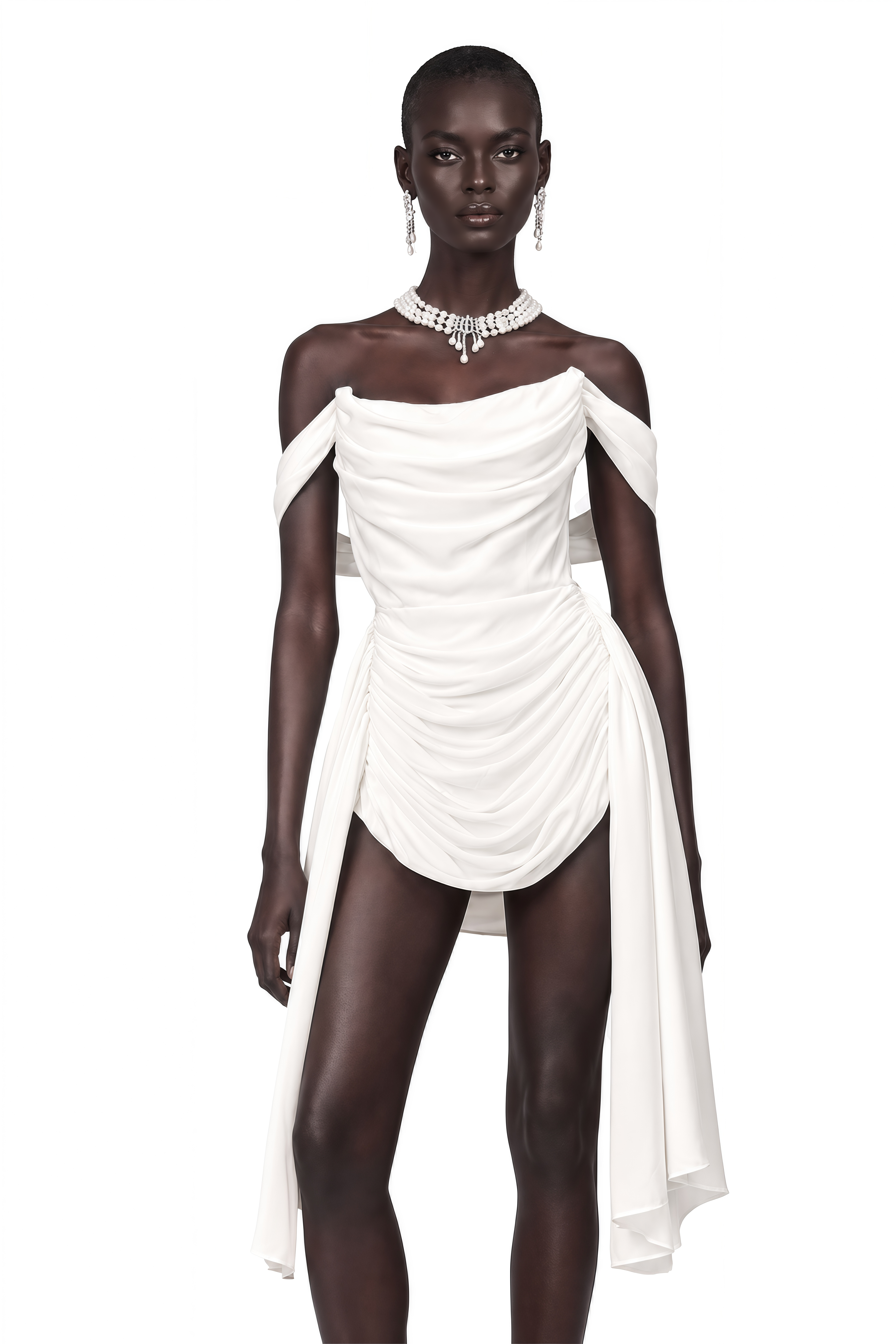 White off-the-shoulder draped mini dress with side panels