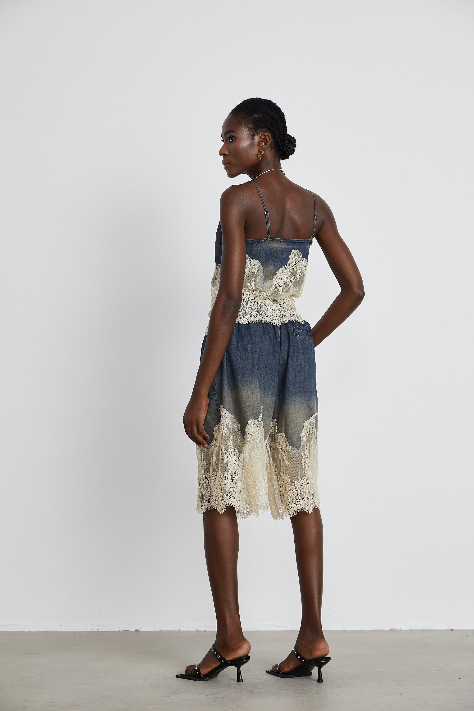 Blue denim camisole and matching skirt with delicate cream lace overlays