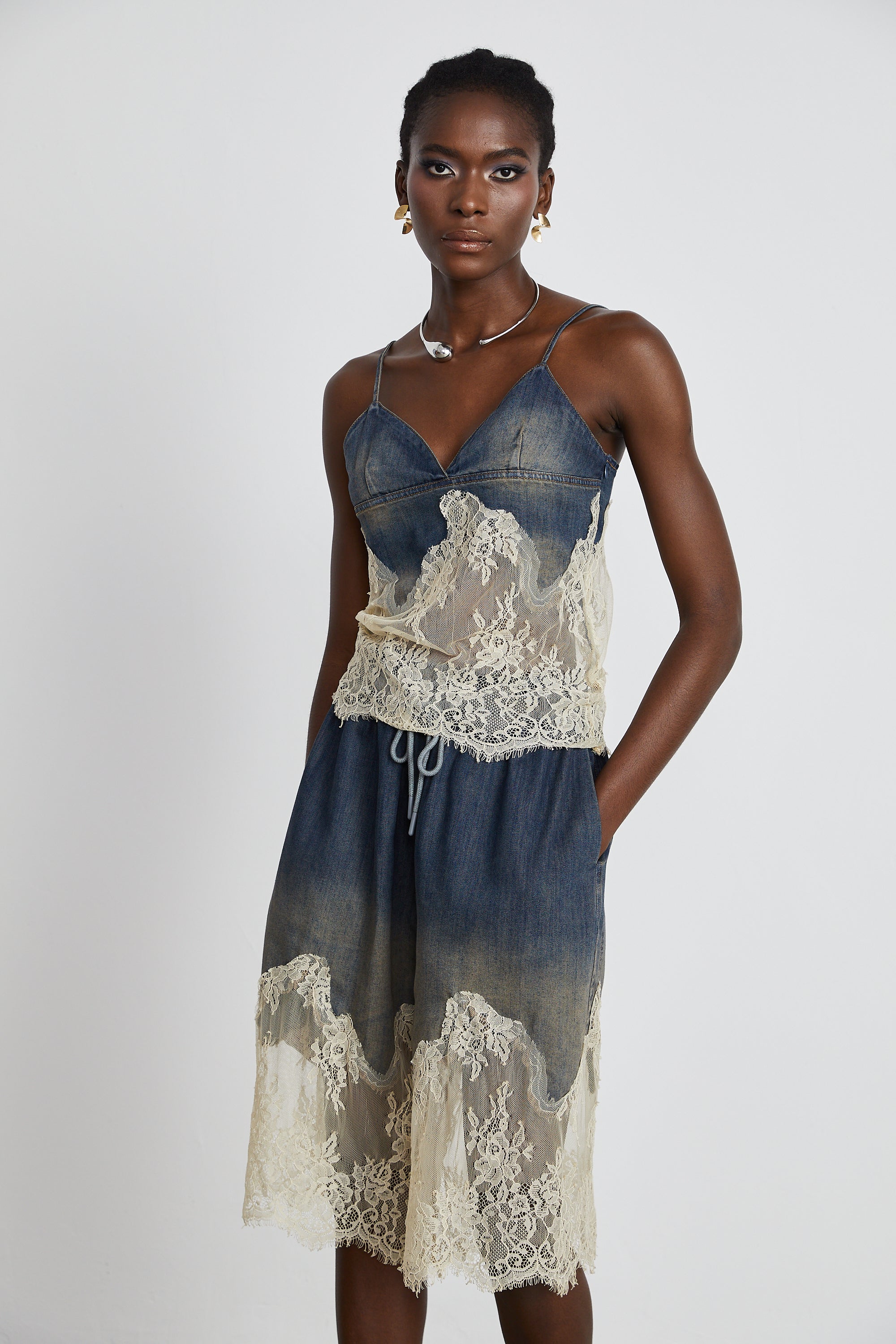 Blue denim camisole and matching skirt with delicate cream lace overlays