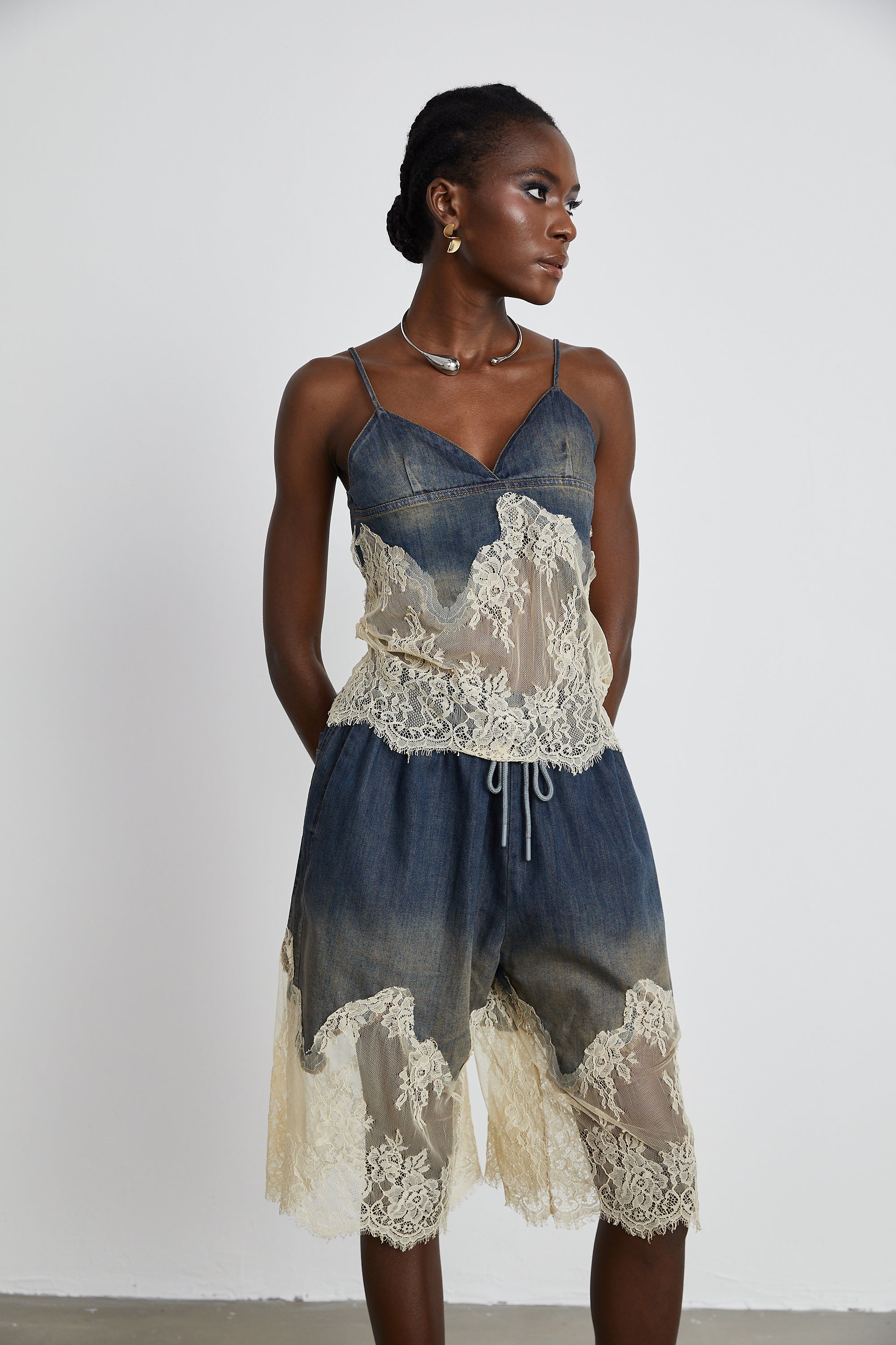 Sylvie Lace-Detail Denim Top & Shorts Matching Set – Miss Rosier
