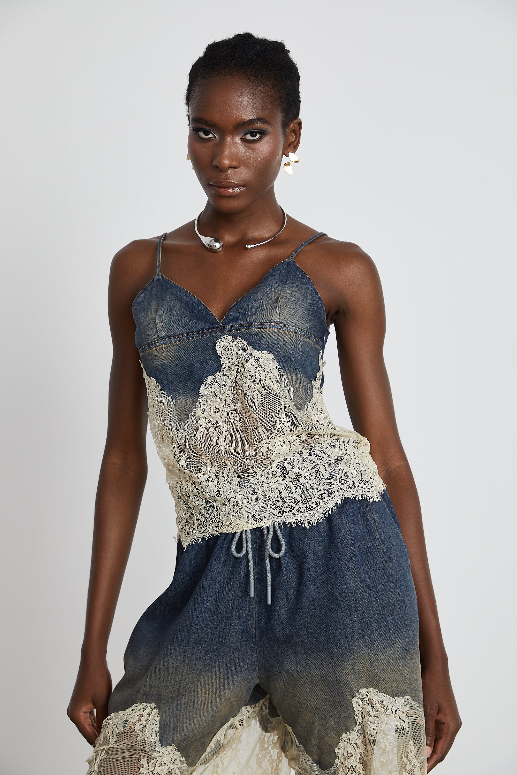 Blue denim camisole and matching skirt with delicate cream lace overlays