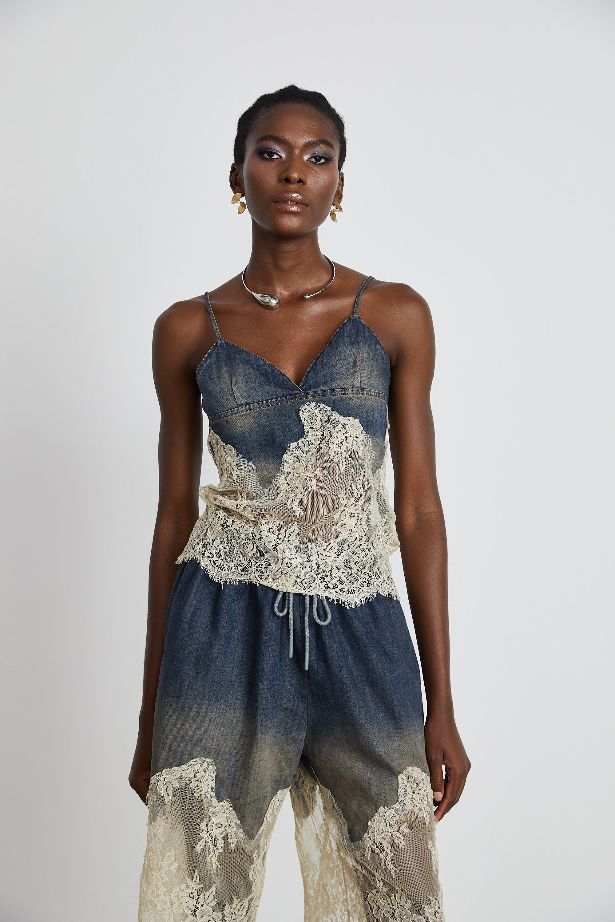 Blue denim camisole and matching skirt with delicate cream lace overlays