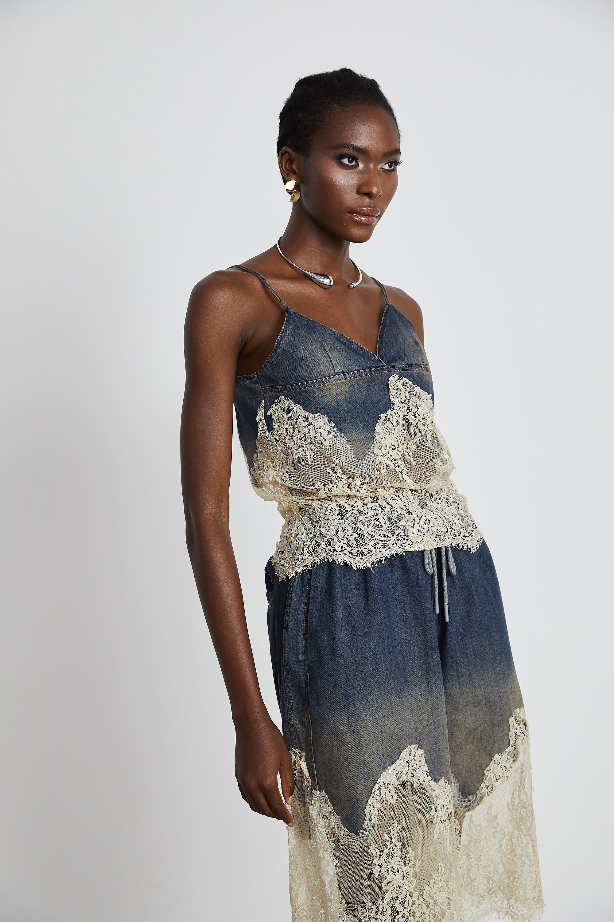 Blue denim camisole and matching skirt with delicate cream lace overlays