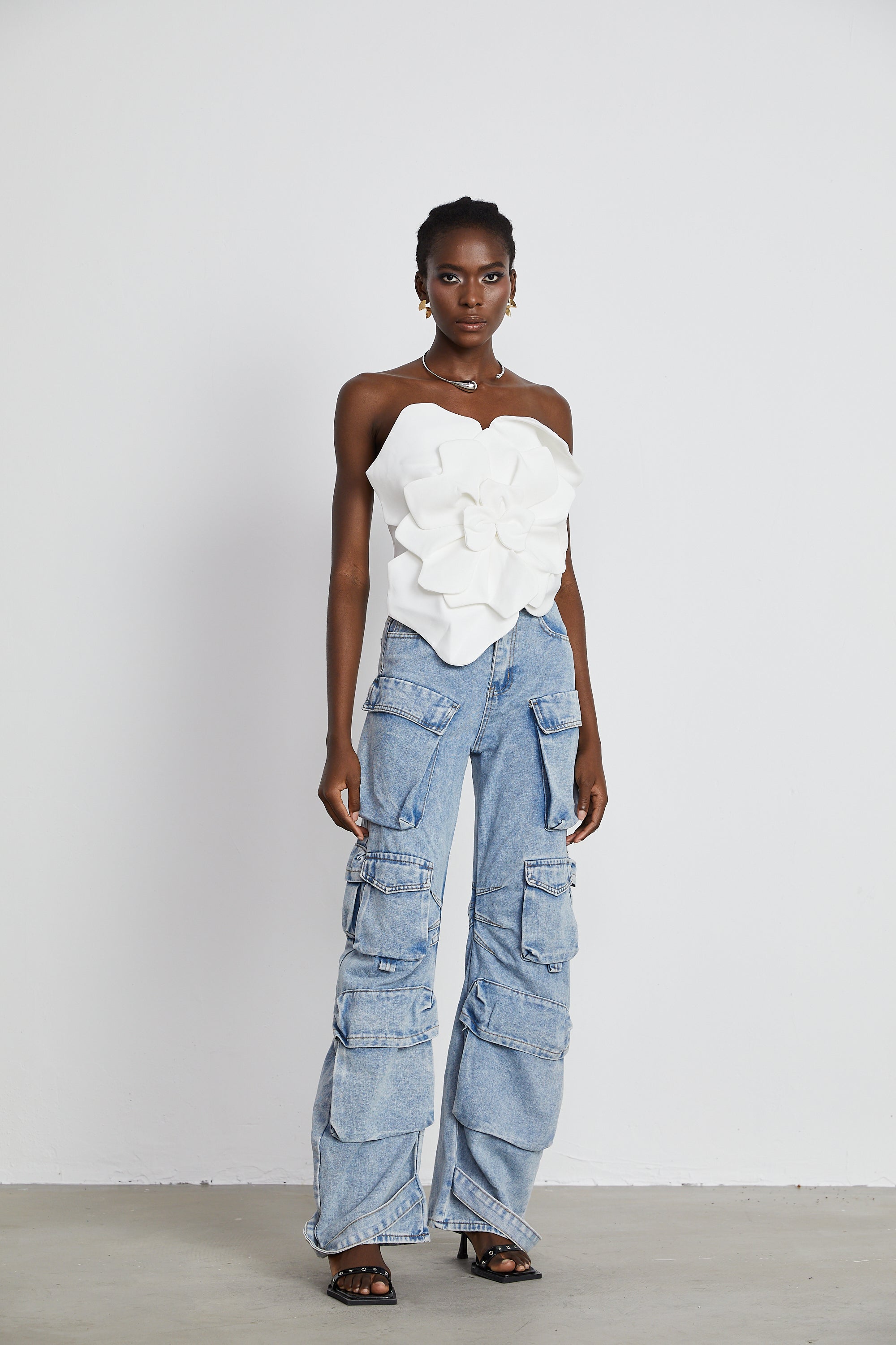 White 3D floral strapless corset top