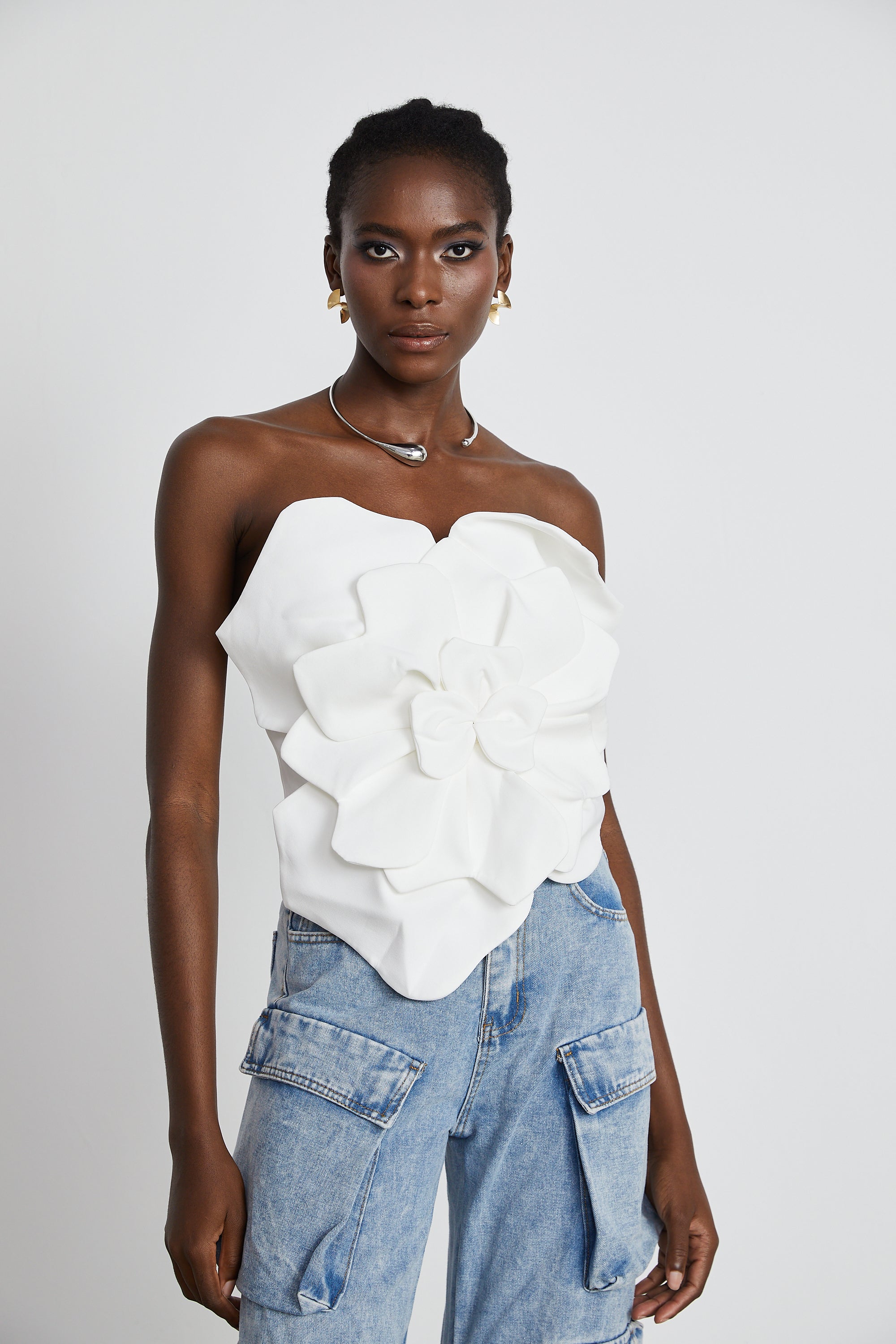 White 3D floral strapless corset top