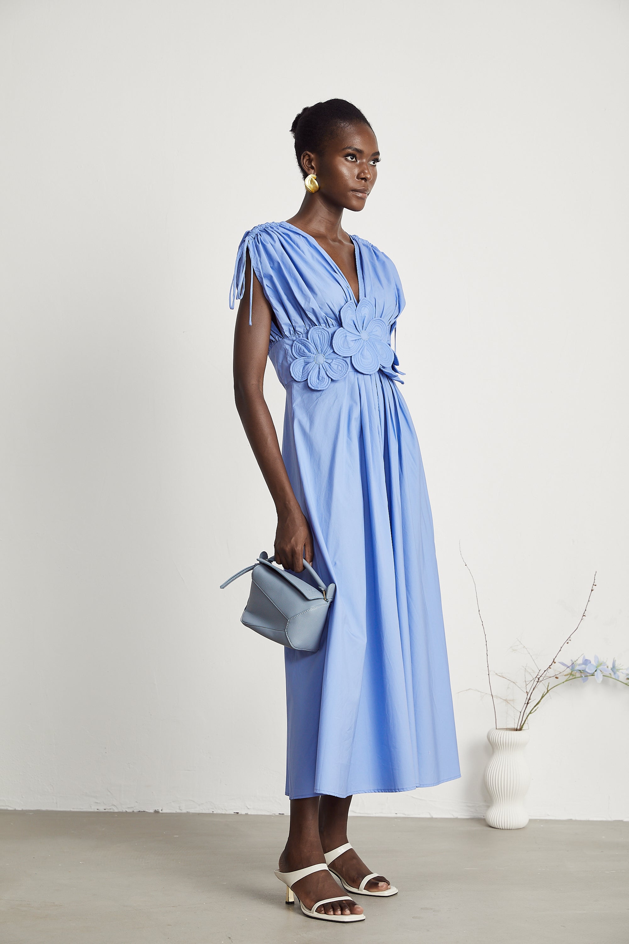 Emma petal-detail drawstring maxi dress in Blue – Miss Rosier