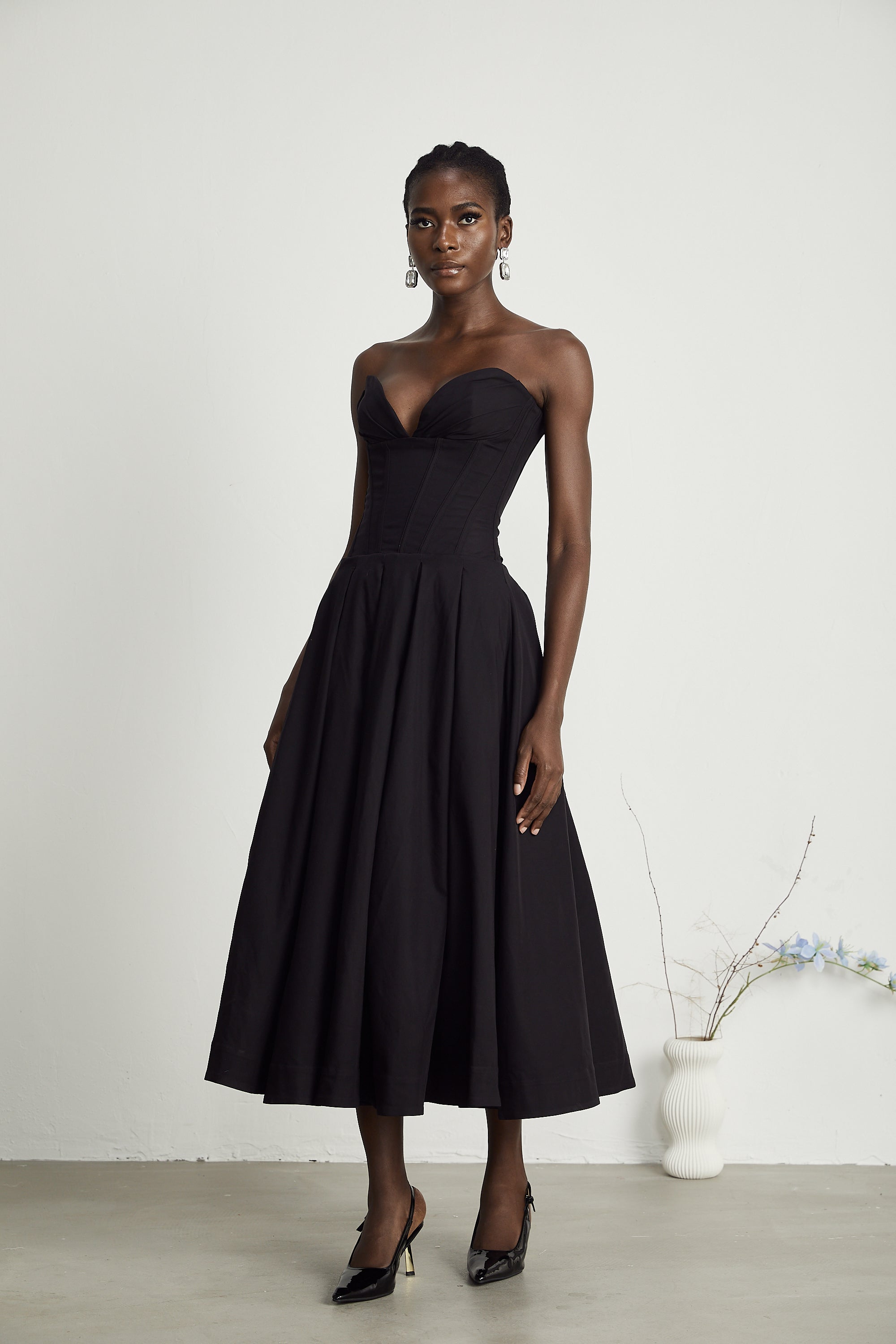 Katherine Black Off-Shoulder Corset Midi Dress – Miss Rosier