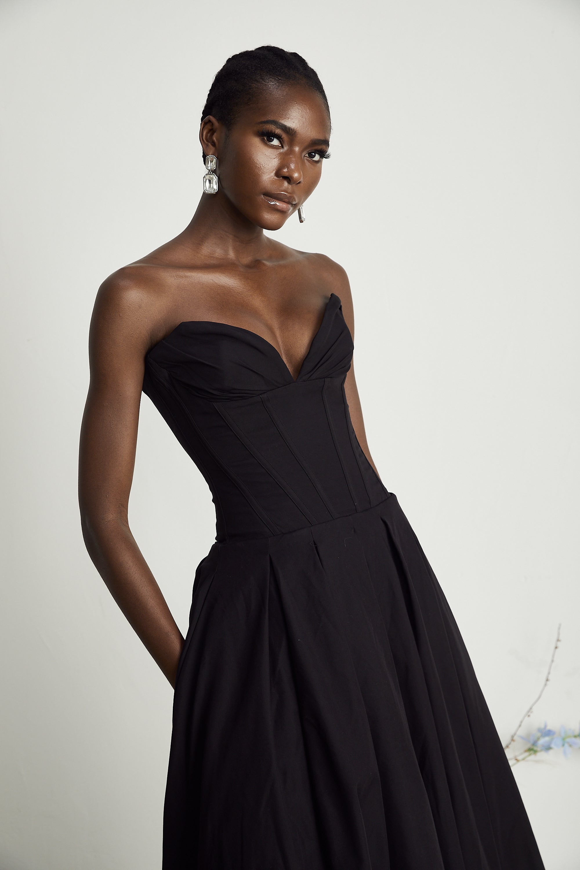 Katherine Black Off-Shoulder Corset Midi Dress – Miss Rosier