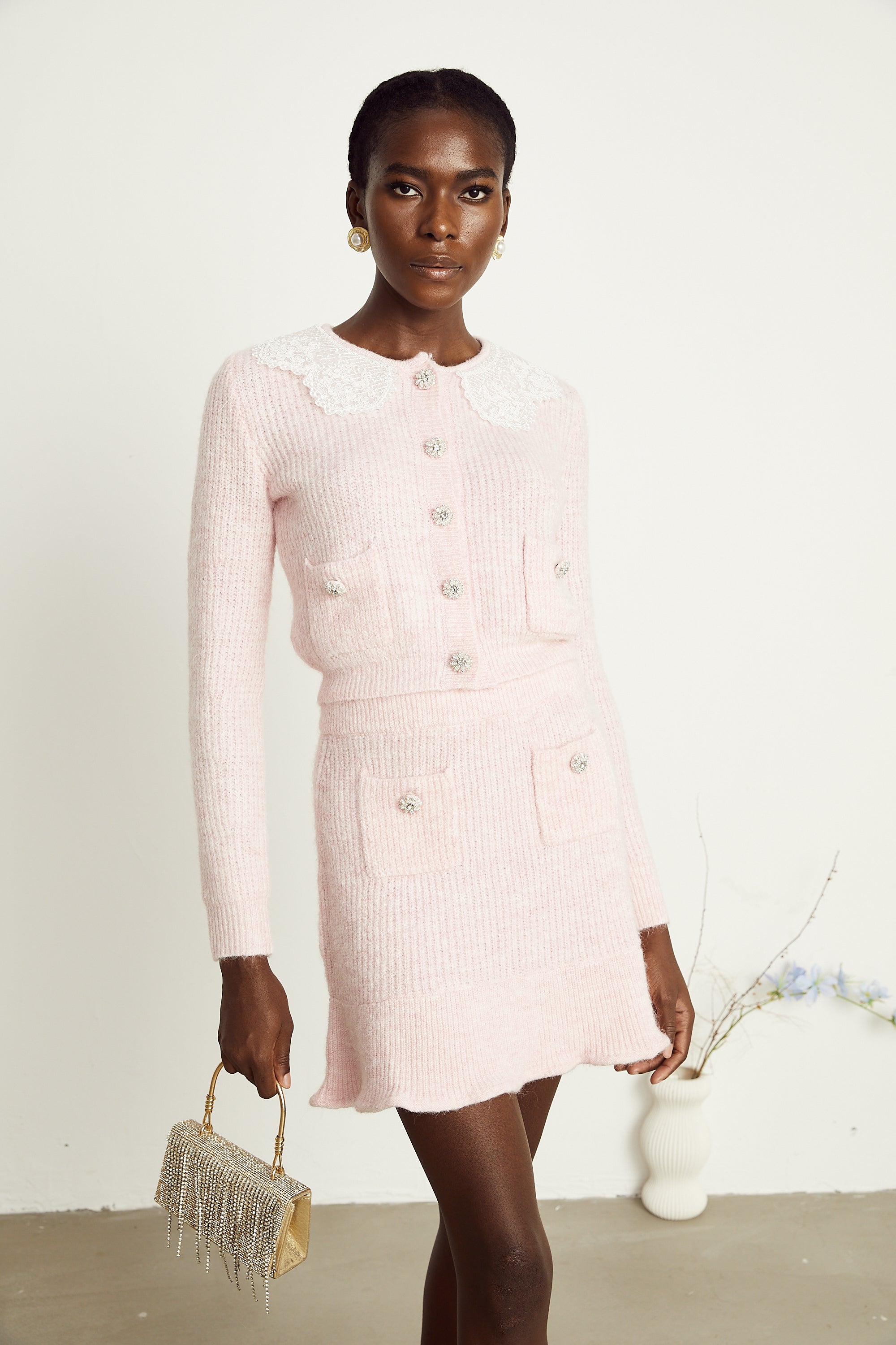 Anaïs pink ribbed-knit cardigan & skirt matching set – Miss Rosier