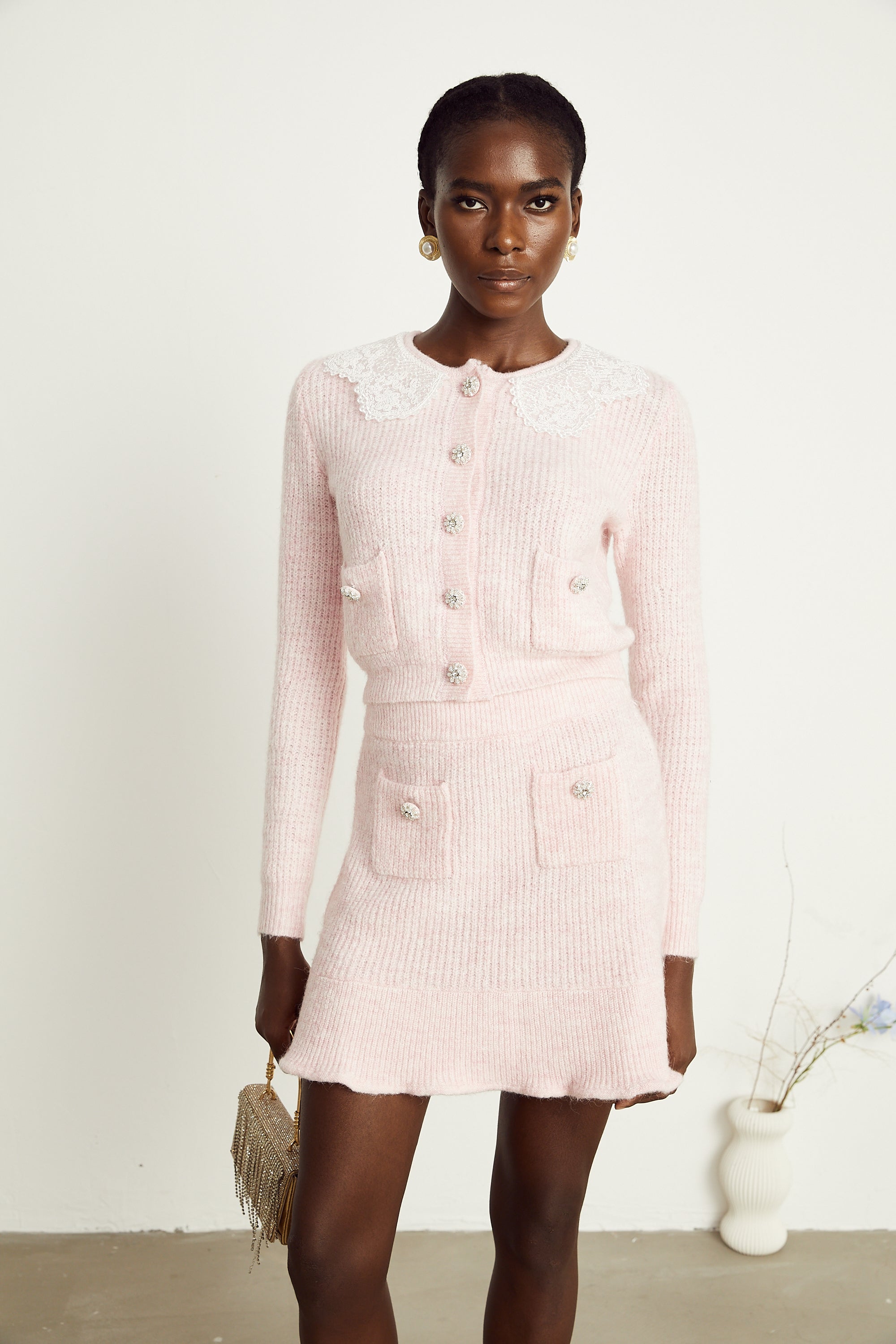 Anaïs pink ribbed-knit cardigan & skirt matching set – Miss Rosier