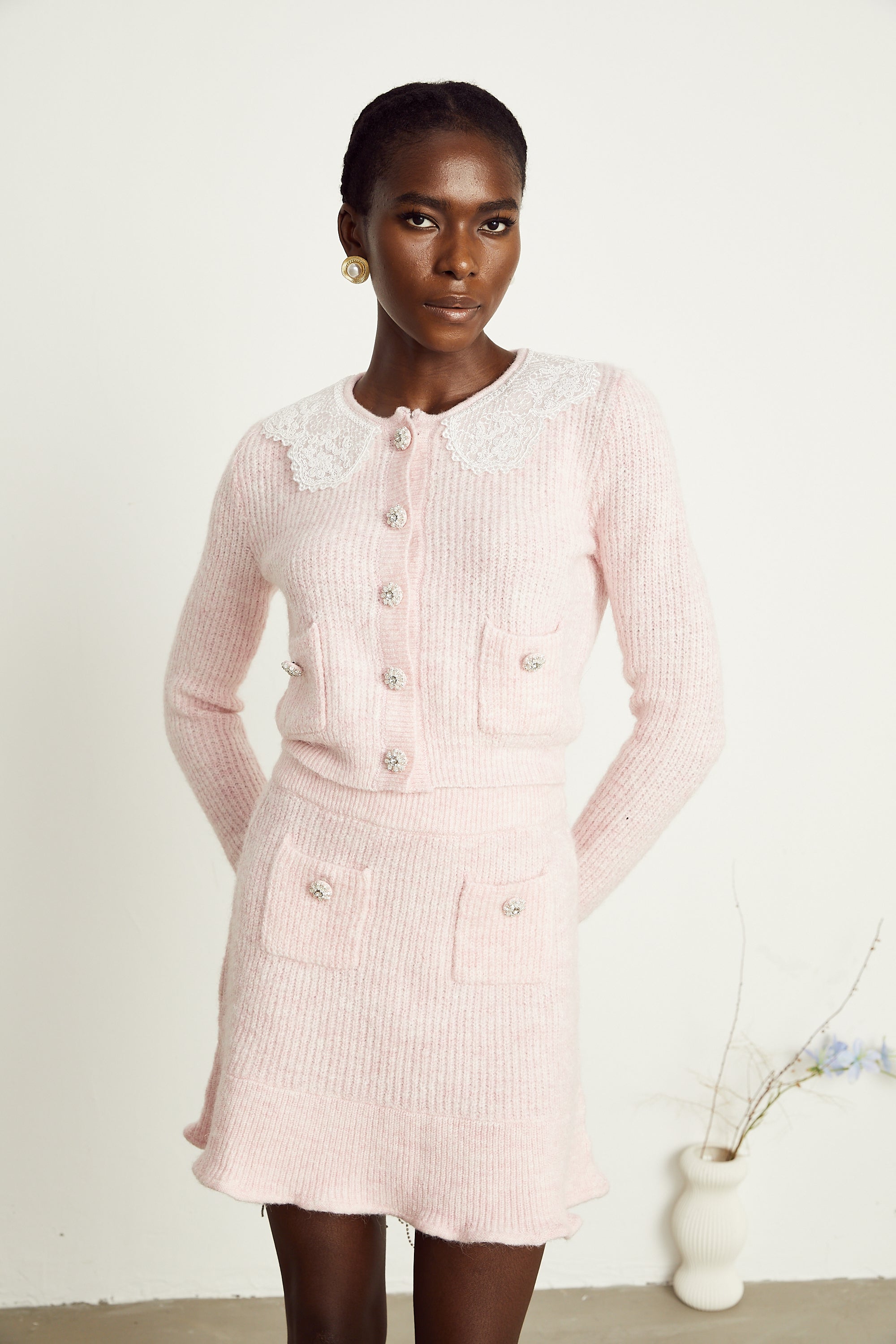 Anaïs pink ribbed-knit cardigan & skirt matching set – Miss Rosier