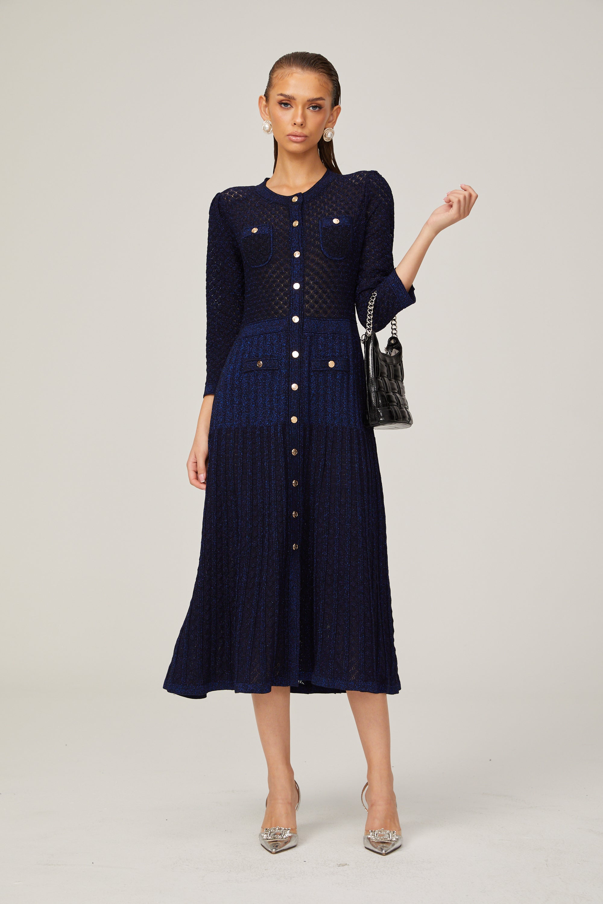 Élodie knitted long-sleeve midi dress in Blue – Miss Rosier