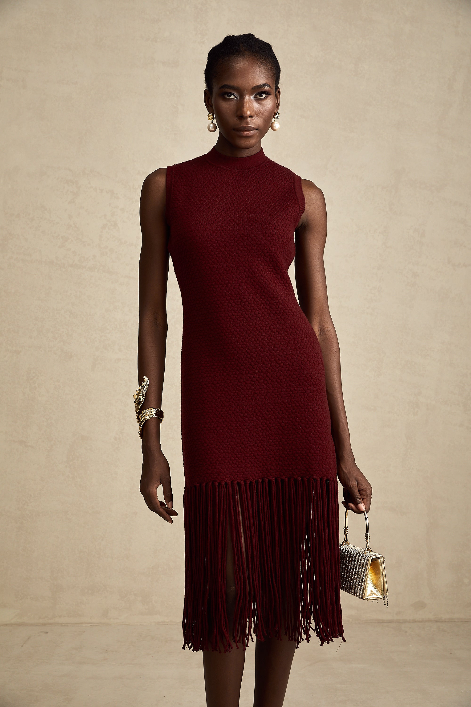 Céline red fringe-detail knitted midi dress – Miss Rosier