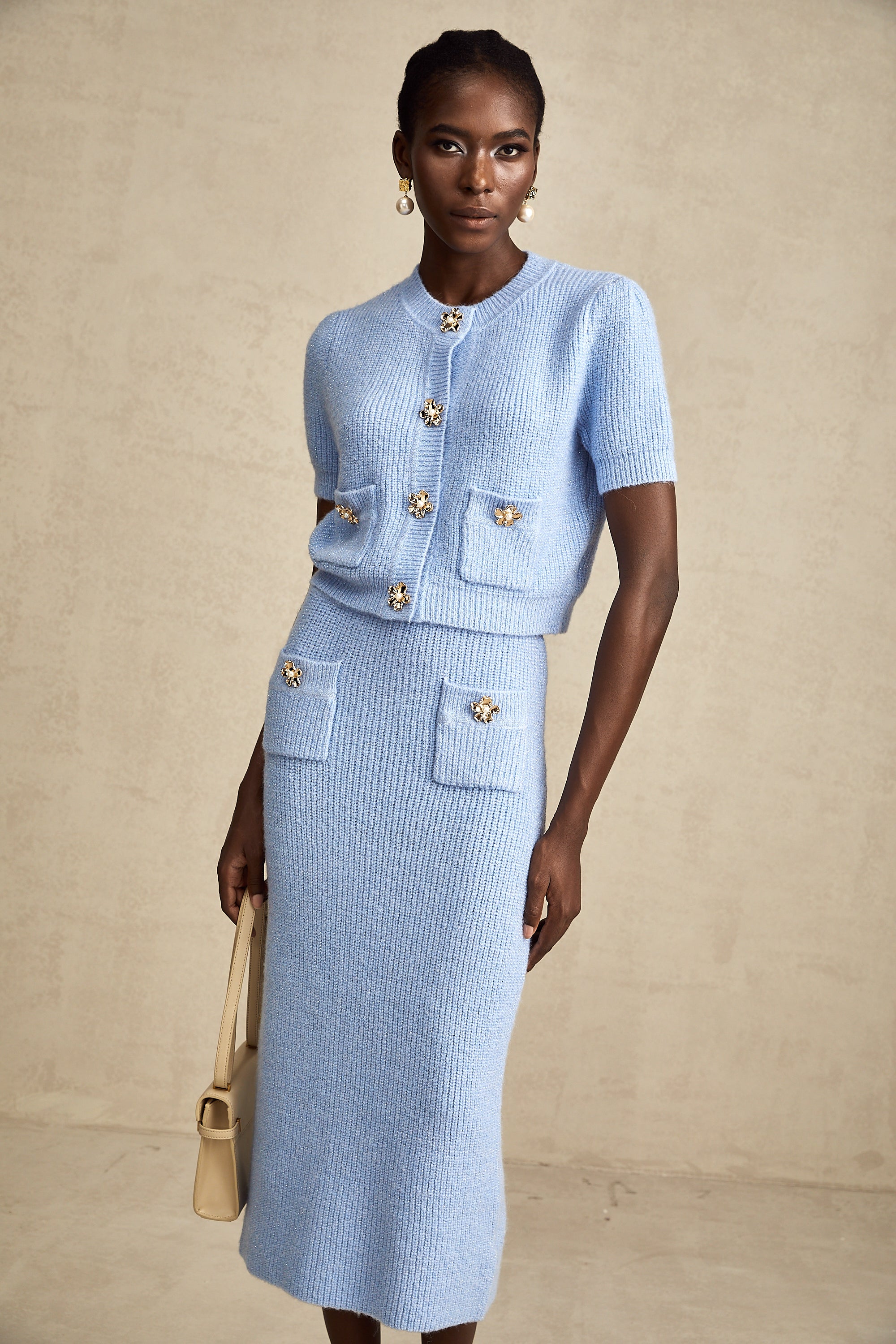 Chantal Blue Knit Two-Piece Blouse and Skirt Set – Miss Rosier