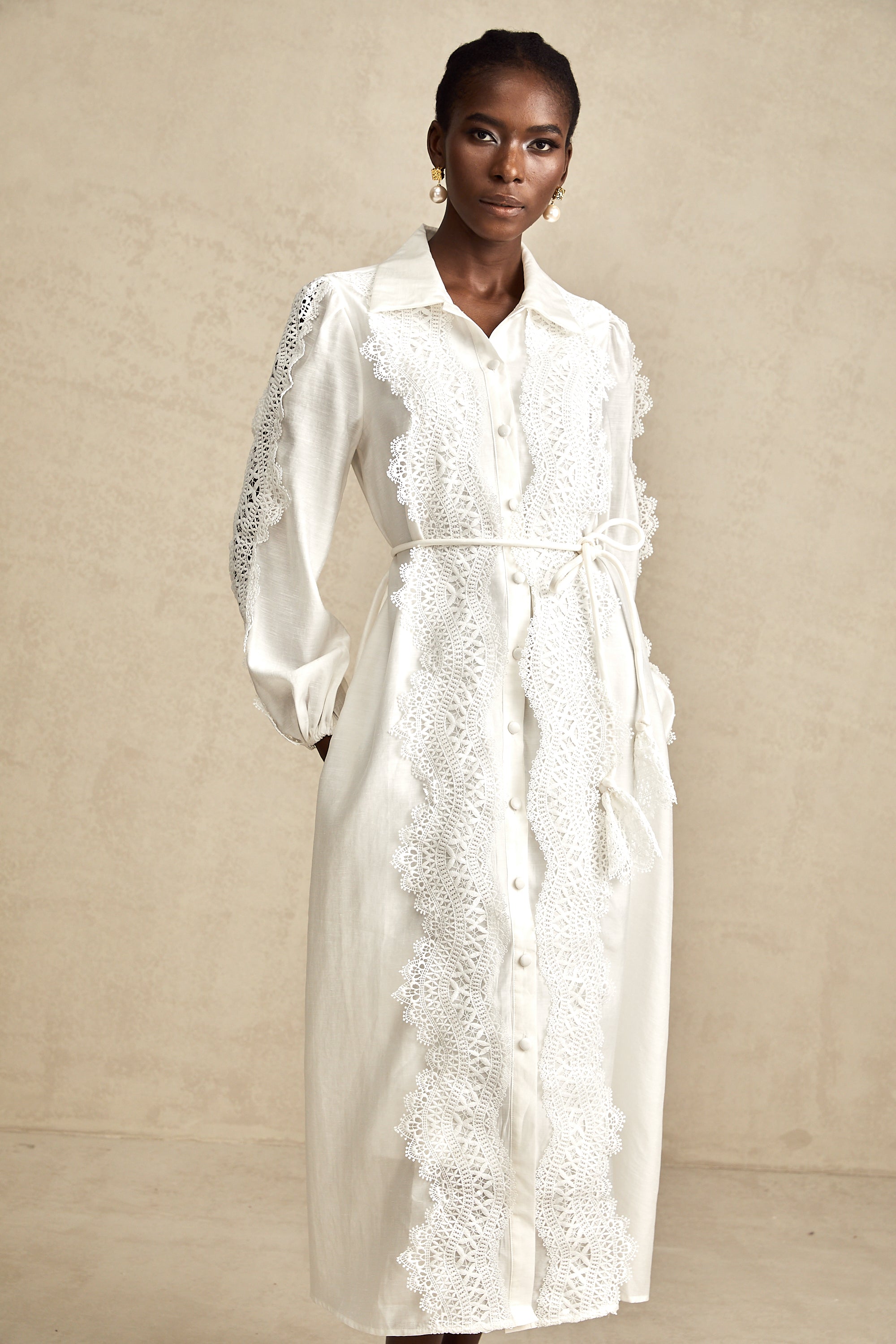 Colette White Lace-Detail Tied-Waist Midi Dress – Miss Rosier