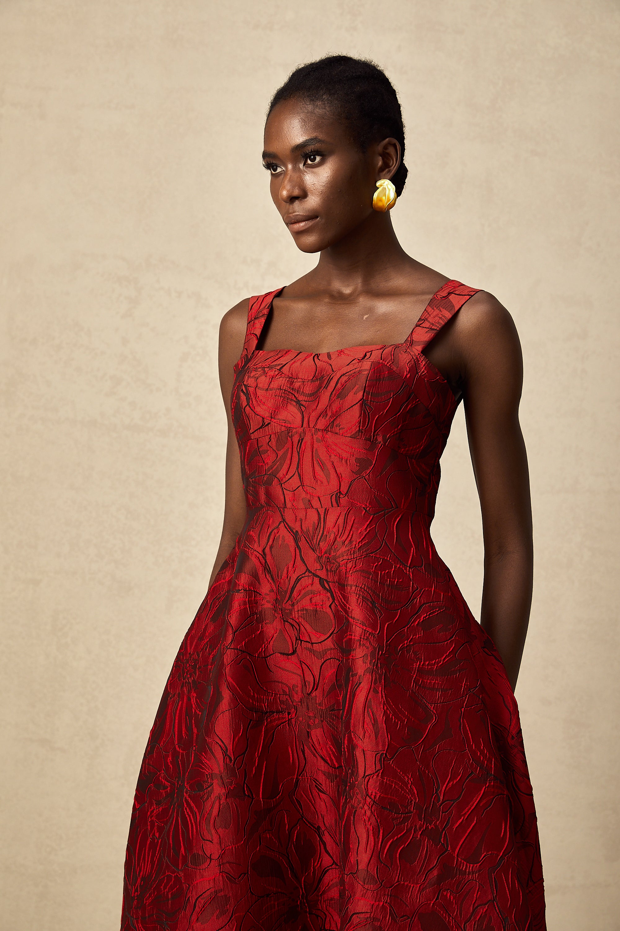 Hélène red floral-jacquard midi dress – Miss Rosier - Women's