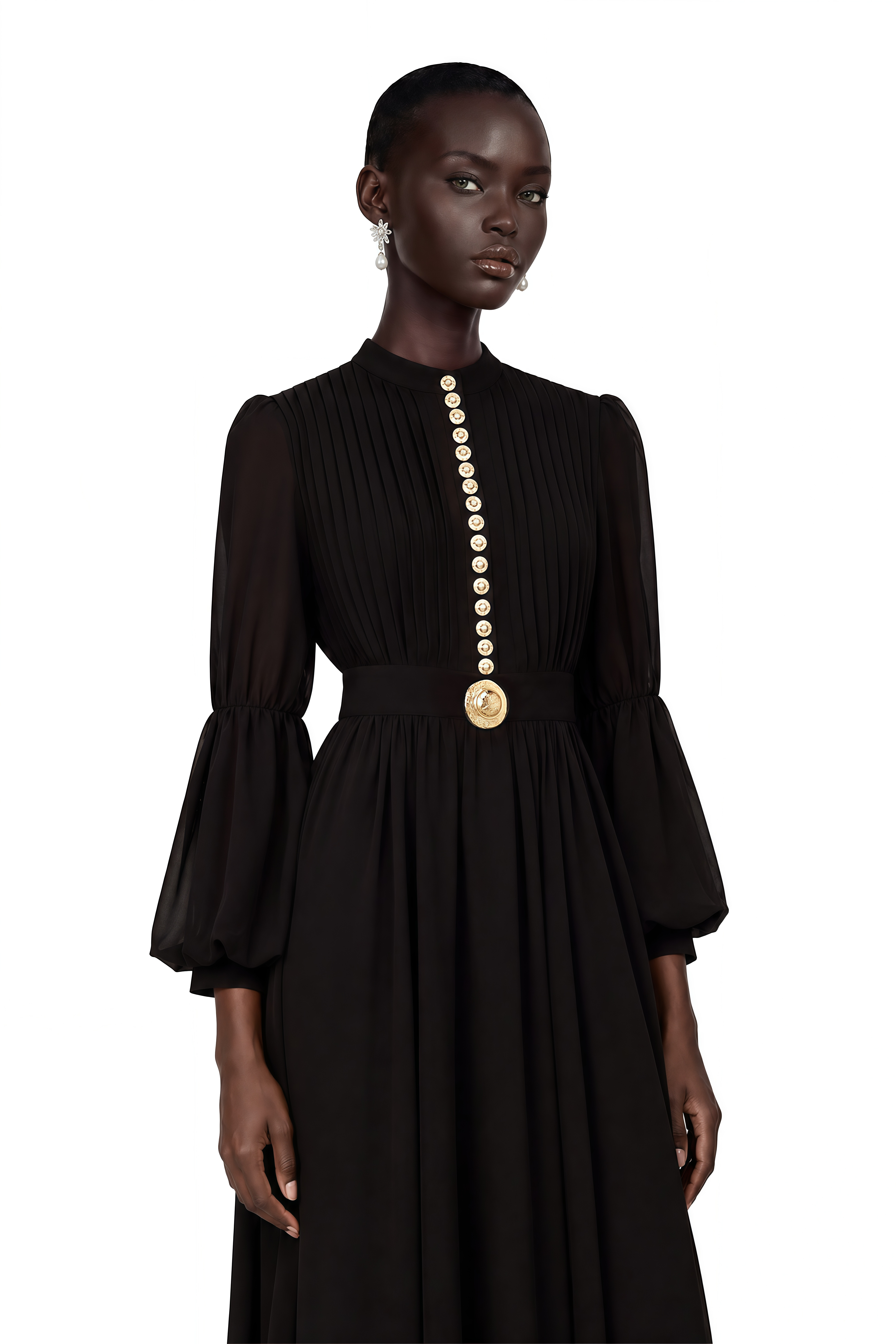 Black pleated midi dress with gold button details