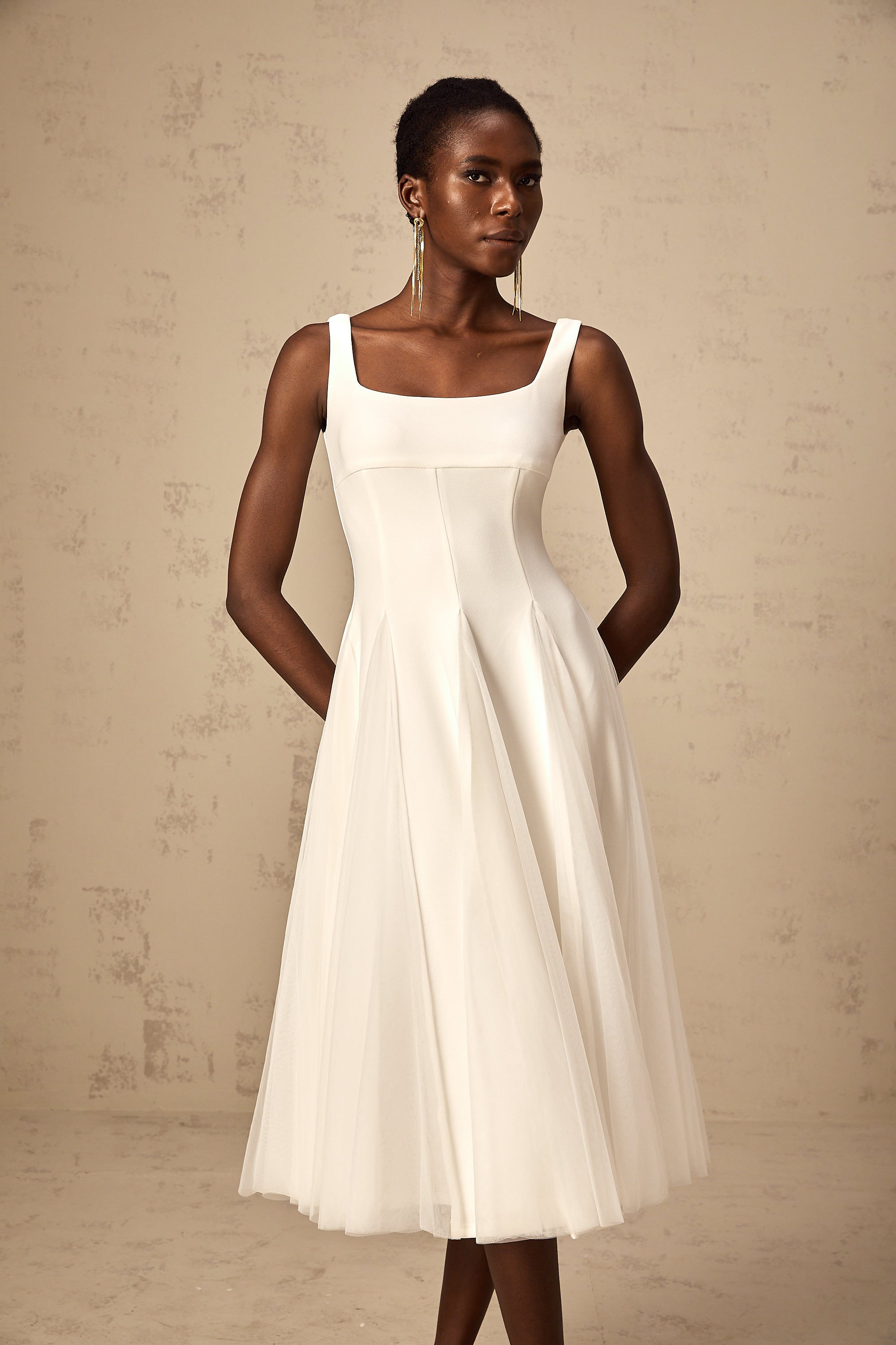 Danielle white tulle godet midi dress – Miss Rosier - Women's