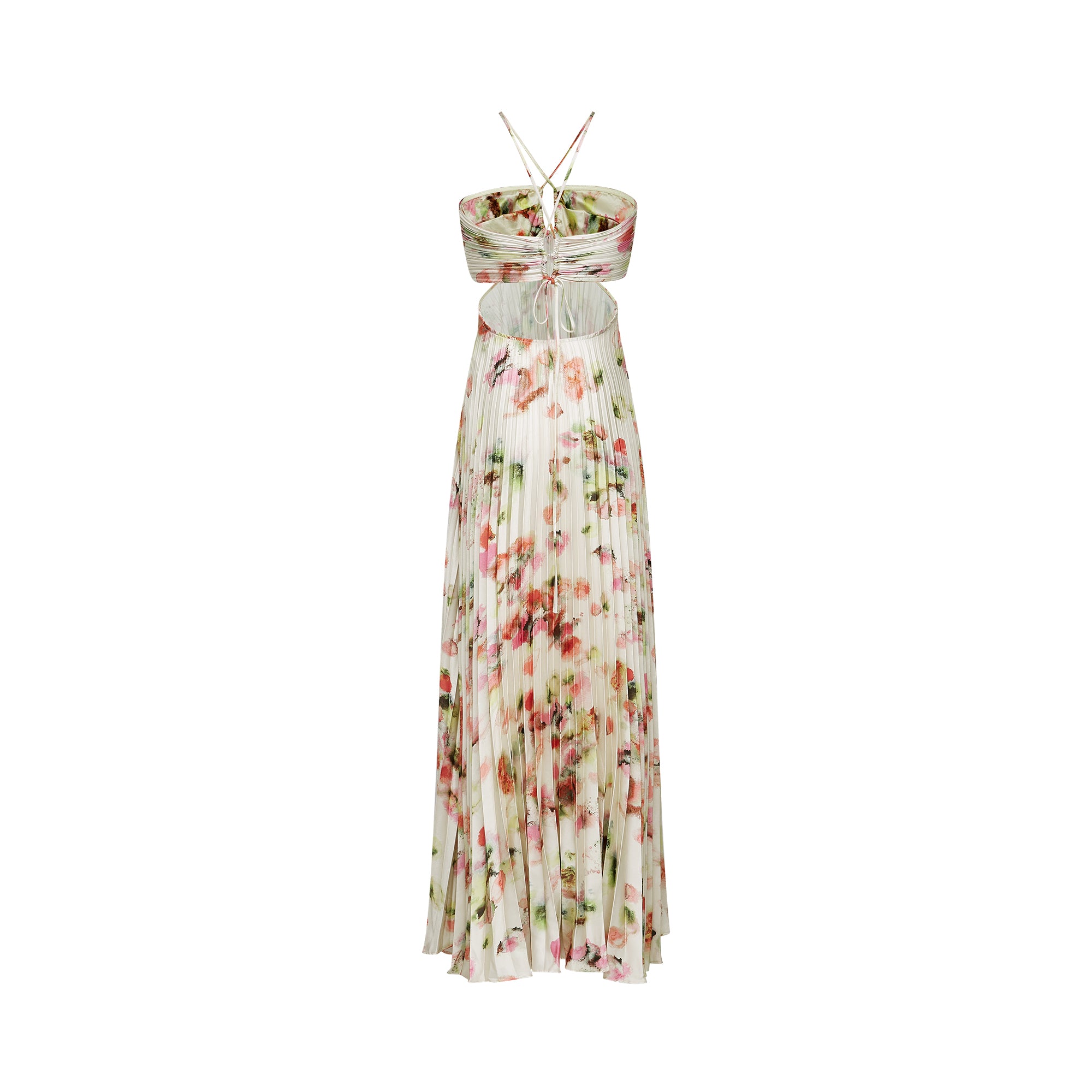 Floral pleated halter gown with side cutouts