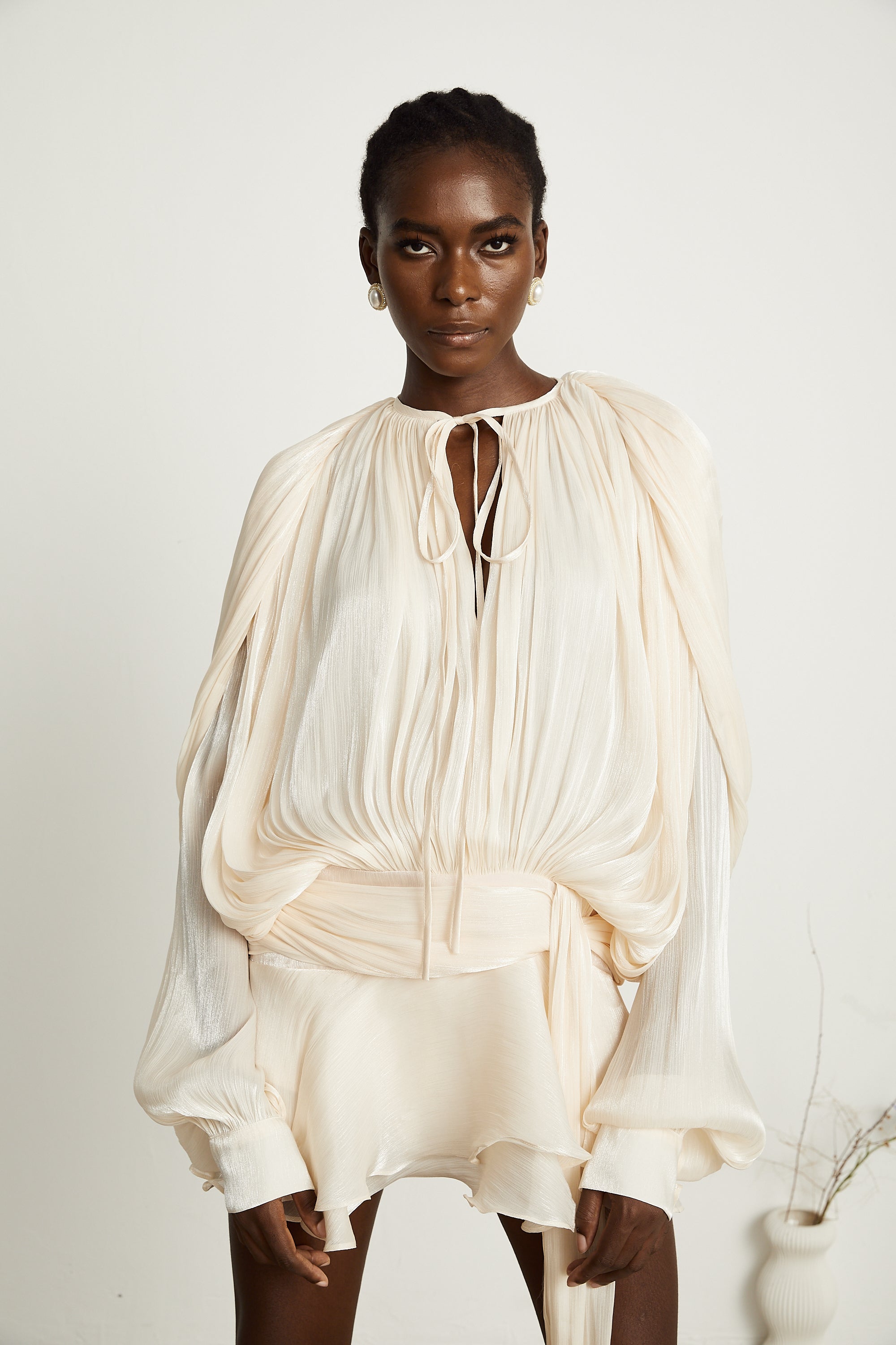 Eugénie Neutral Fully Pleated Ruffled Mini Dress – Miss Rosier