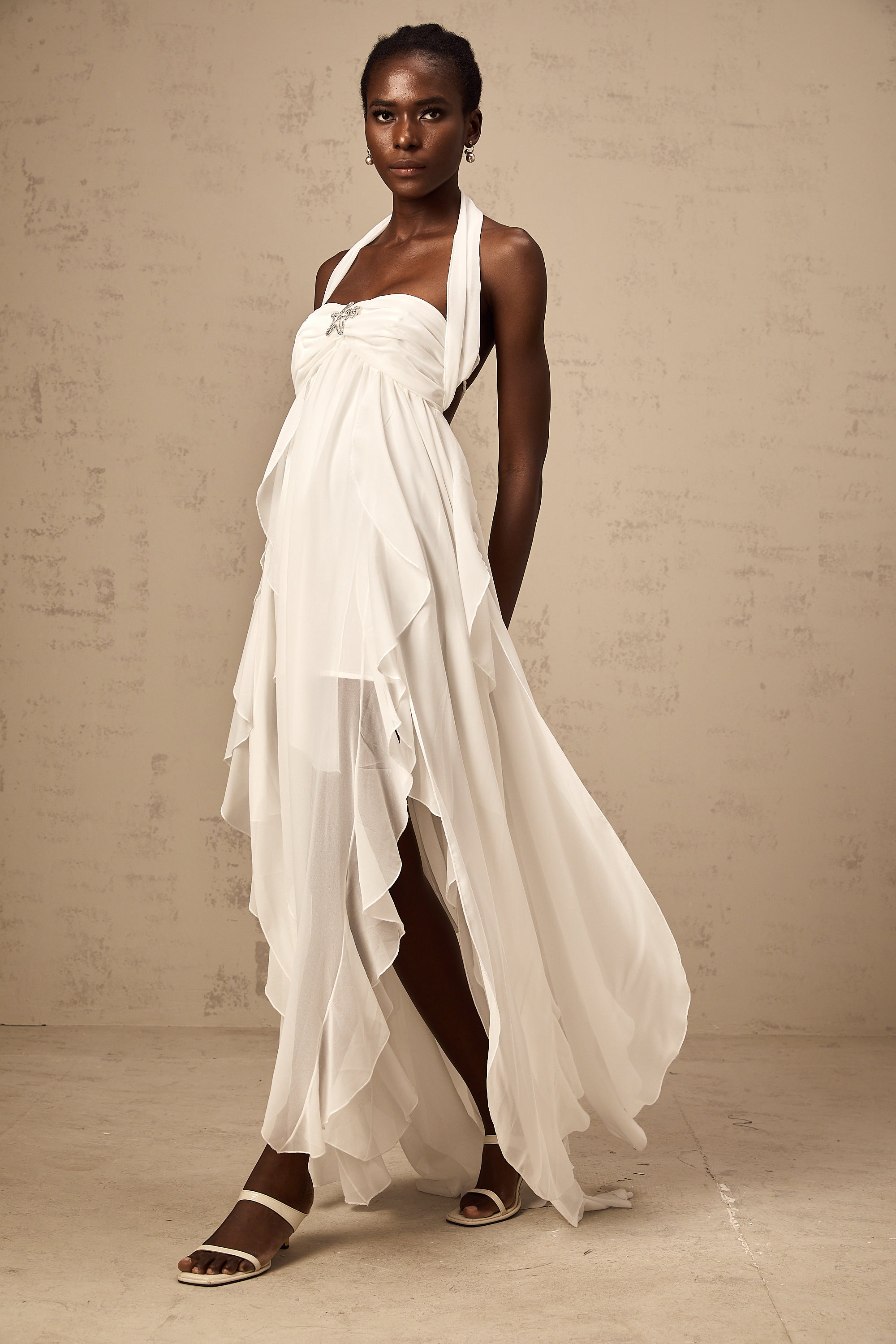 Mariah White Chiffon Ruffle Halterneck Maxi Dress – Miss Rosier