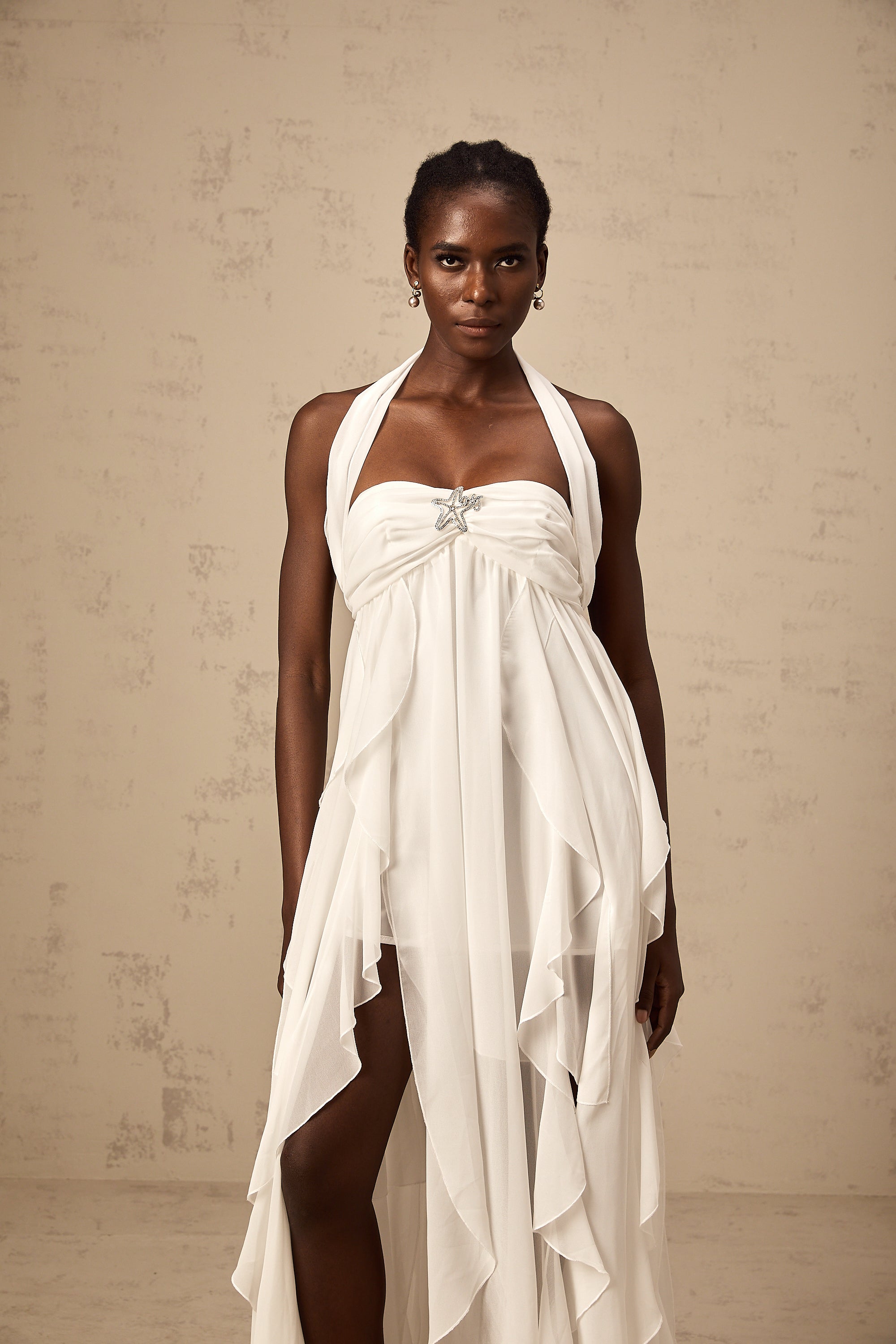 Mariah White Chiffon Ruffle Halterneck Maxi Dress – Miss Rosier