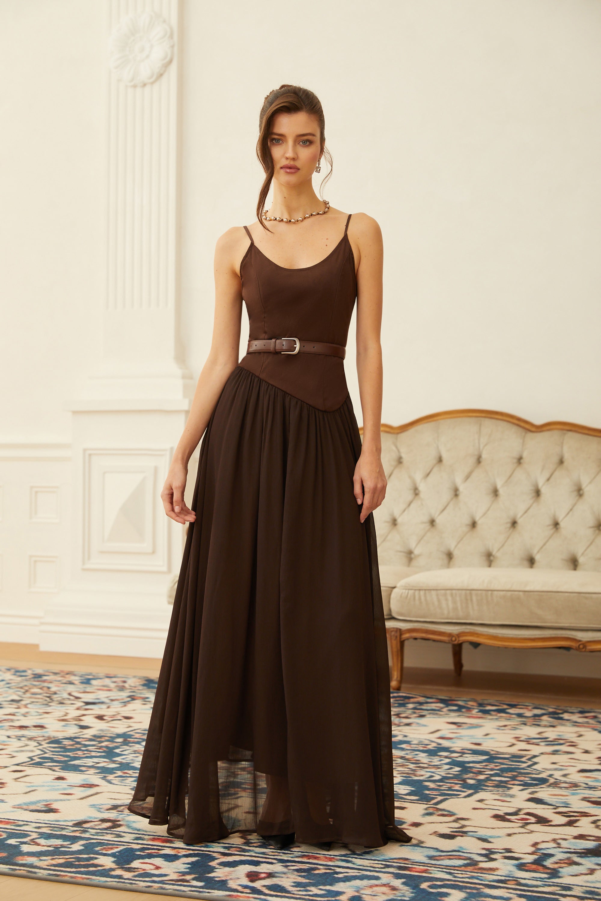 Hedda Brown Chiffon Panel Suede Maxi Dress – Miss Rosier - Women's
