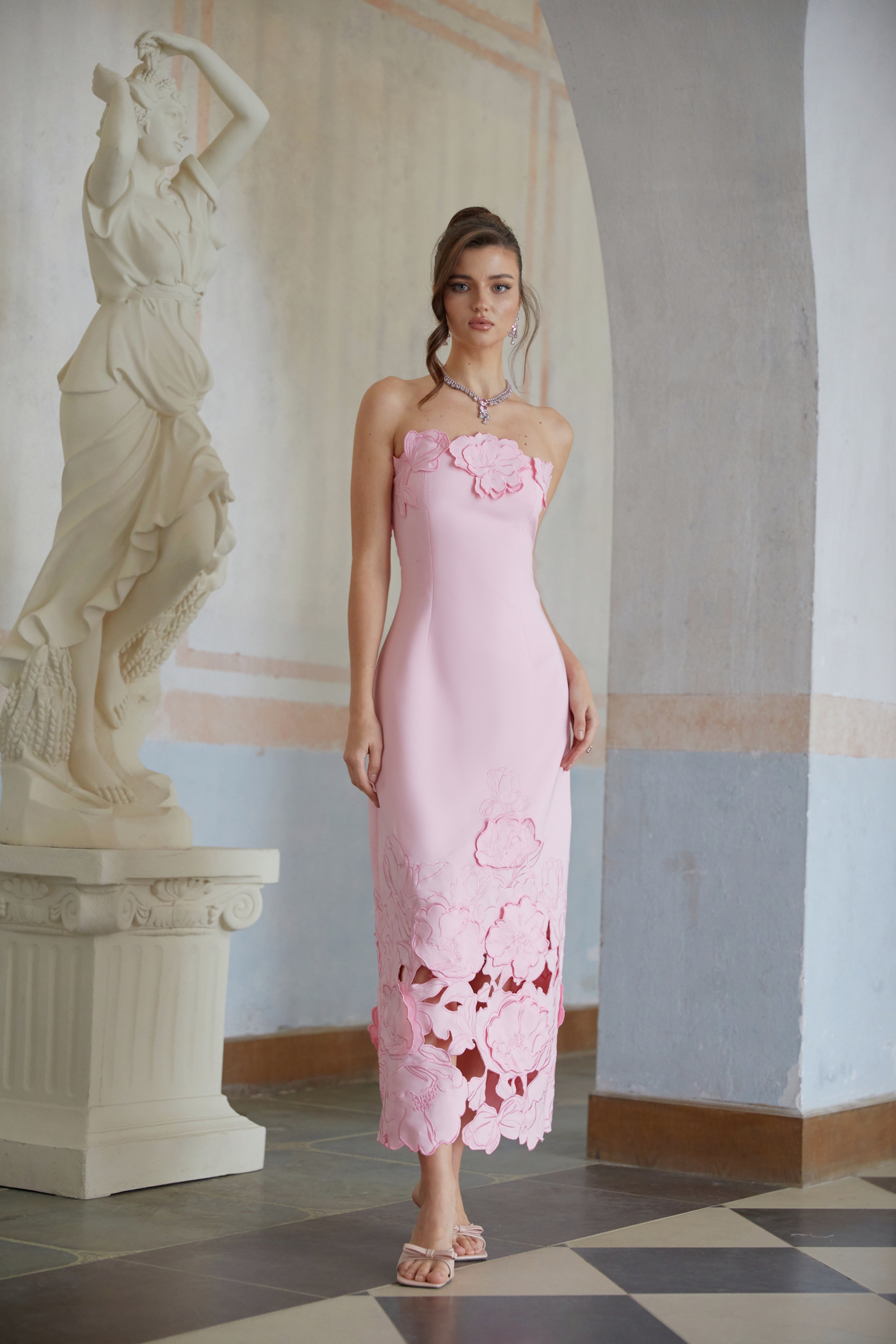 Floral Appliqué Strapless Dress