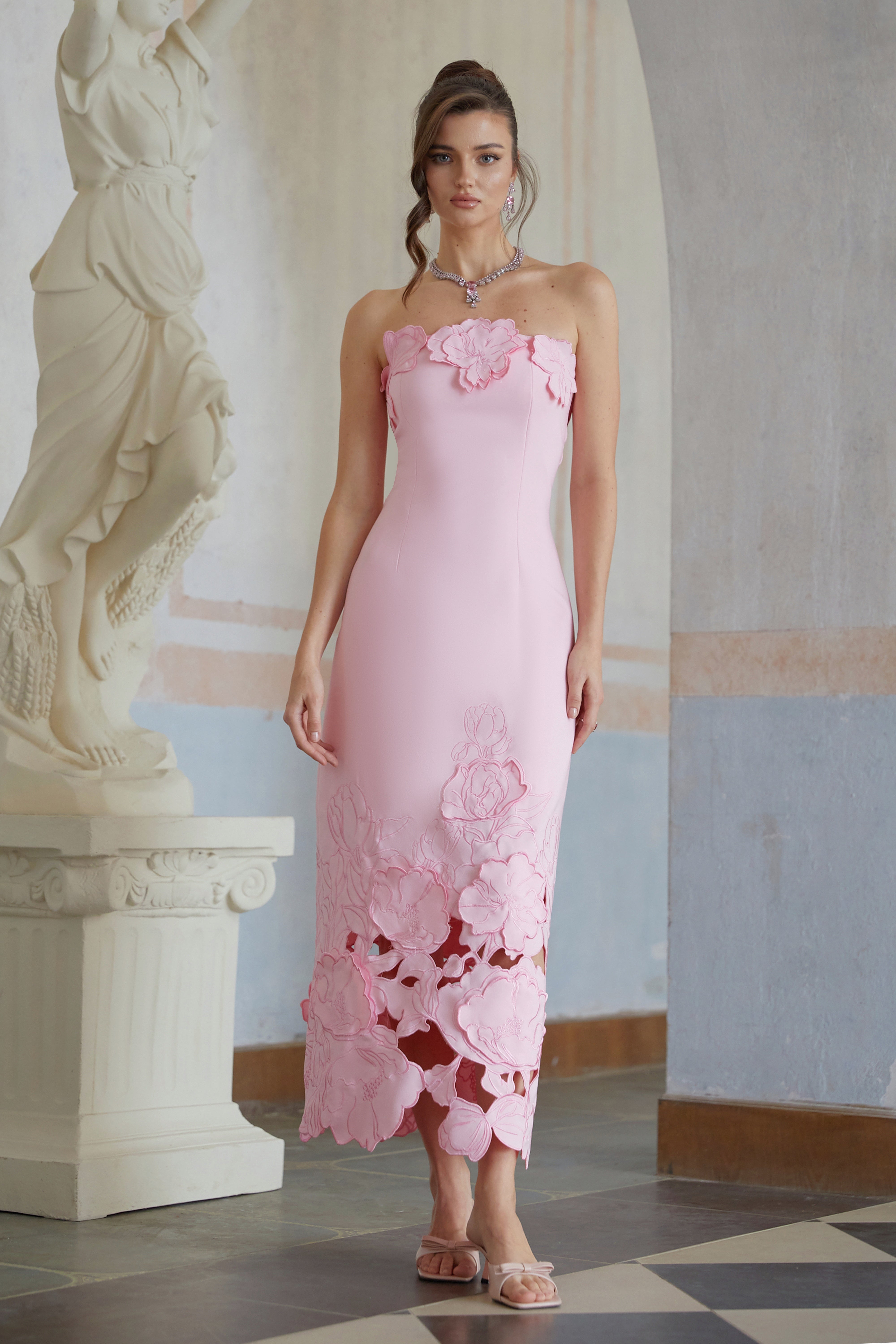 Floral Appliqué Strapless Dress