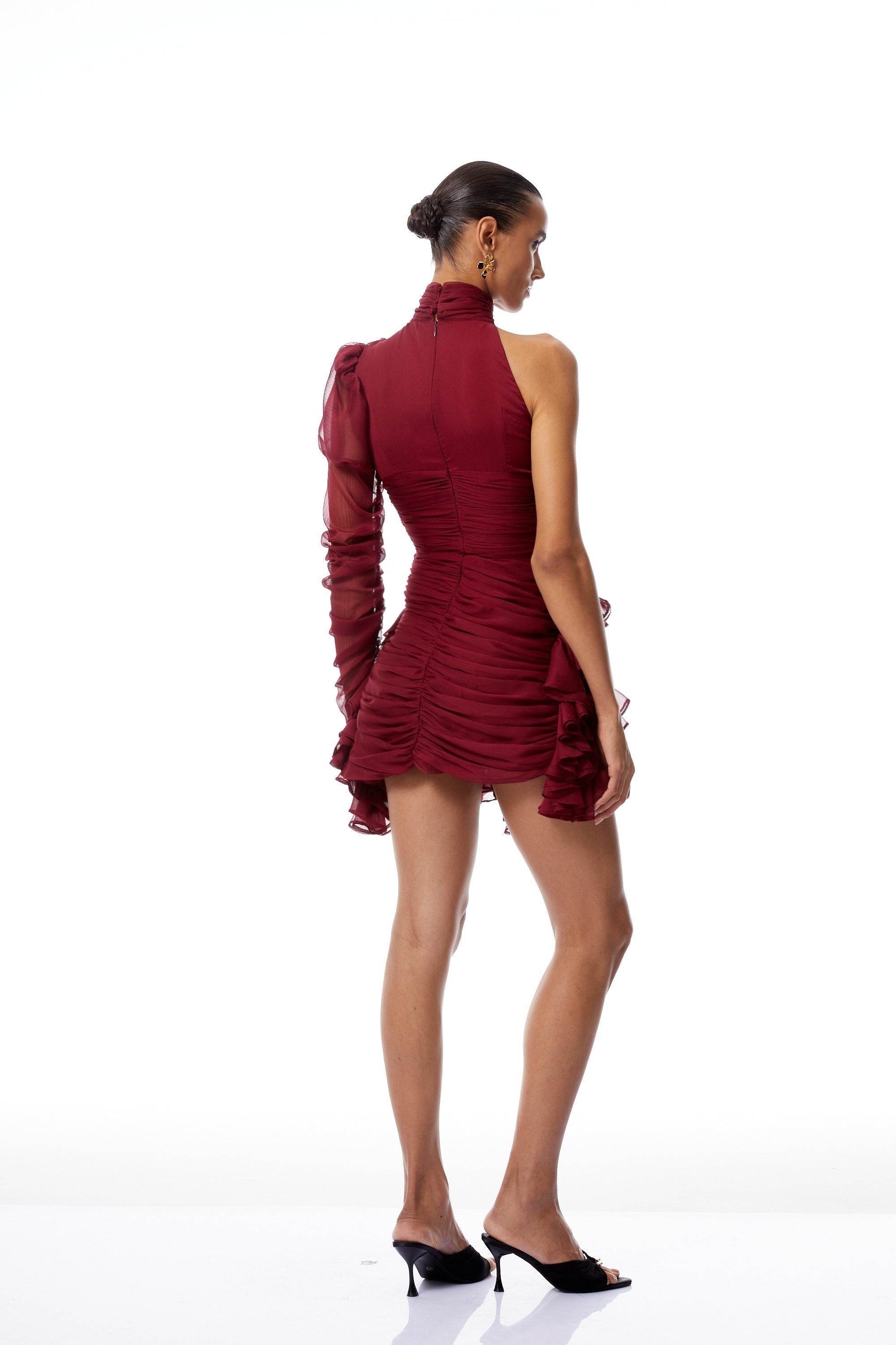 Burgundy Asymmetrical Ruffled Tulle Mini Dress