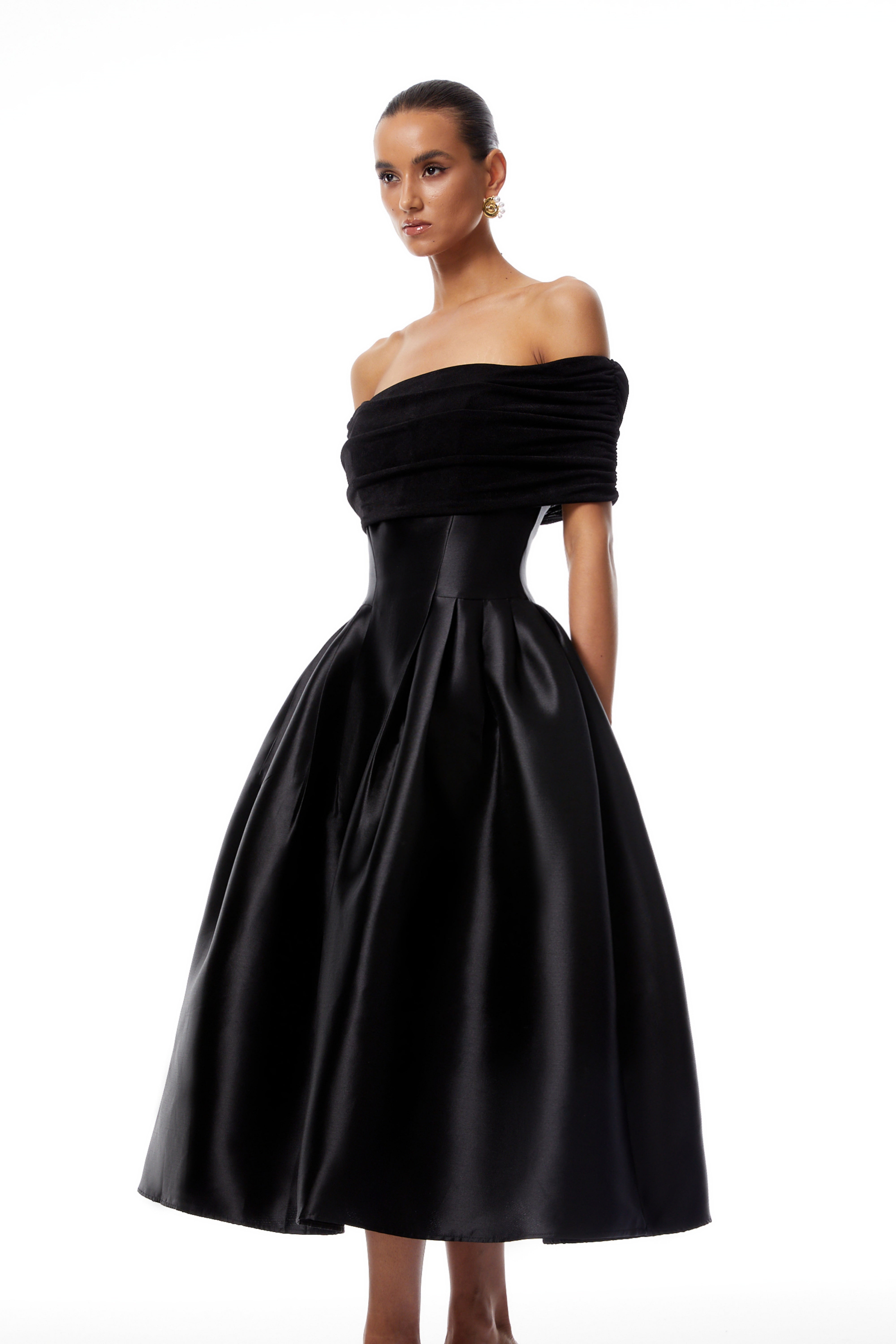 Black Off Shoulder Polished Midi Dress